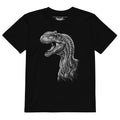 Product mockup black dinosaur t-shirt, kids dinosaur shirt, velociraptor t-shirt, raptor graphic tee, dinosaur portrait shirt, girls dinosaur t-shirt, boys dinosaur t-shirt, unisex kids clothing, black kids t-shirt, monochrome dinosaur print, white dinosaur graphic, detailed dinosaur artwork, prehistoric animal shirt, dinosaur lover clothing, cool kids fashion, alternative kids clothing, rock style kids shirt, edgy children’s fashion, little rocker outfit, toddler dinosaur shirt, preschool dinosaur tee, chi