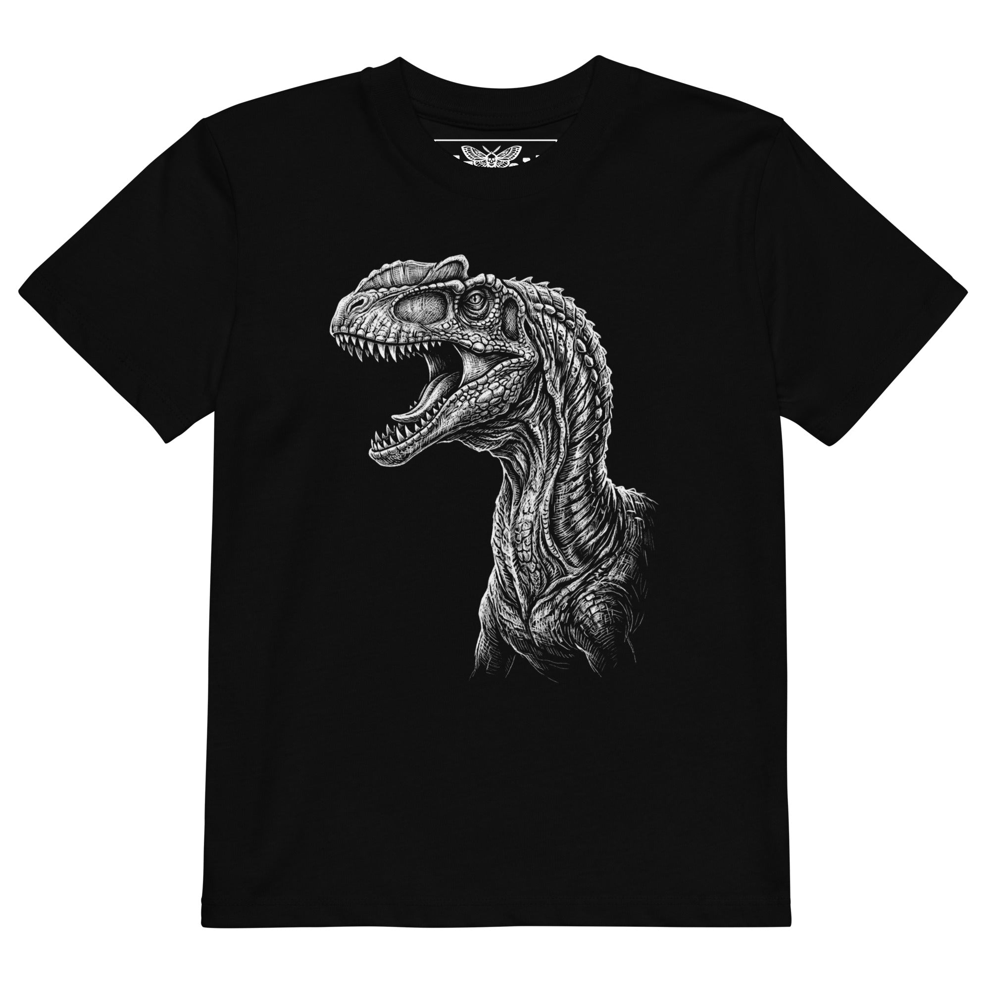 Product mockup black dinosaur t-shirt, kids dinosaur shirt, velociraptor t-shirt, raptor graphic tee, dinosaur portrait shirt, girls dinosaur t-shirt, boys dinosaur t-shirt, unisex kids clothing, black kids t-shirt, monochrome dinosaur print, white dinosaur graphic, detailed dinosaur artwork, prehistoric animal shirt, dinosaur lover clothing, cool kids fashion, alternative kids clothing, rock style kids shirt, edgy children’s fashion, little rocker outfit, toddler dinosaur shirt, preschool dinosaur tee, chi