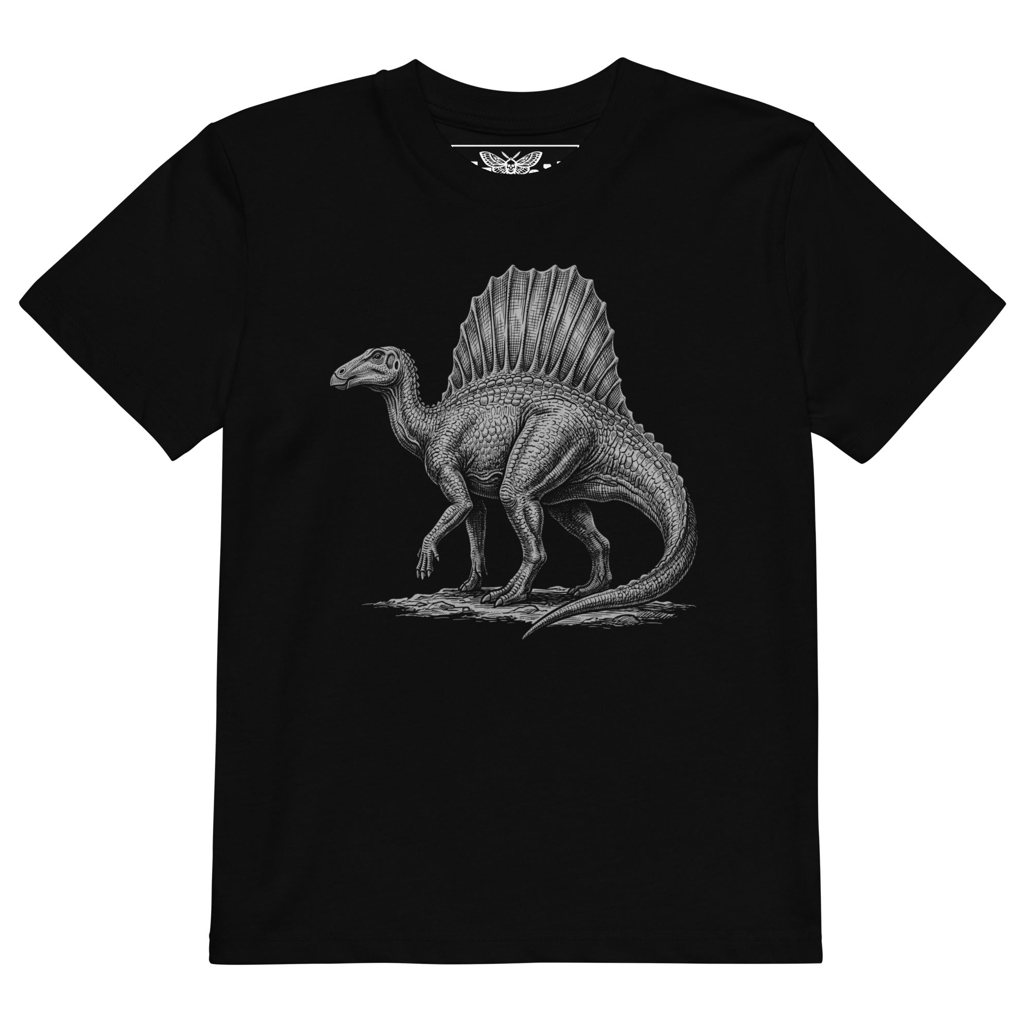 Product mockup black dinosaur t-shirt, kids dinosaur shirt, sail-backed dinosaur tee, Spinosaurus t-shirt, dinosaur graphic shirt, girls dinosaur t-shirt, boys dinosaur t-shirt, unisex kids clothing, black kids t-shirt, monochrome dinosaur print, detailed dinosaur artwork, prehistoric animal shirt, dinosaur lover clothing, cool kids fashion, alternative kids clothing, rock style kids shirt, edgy children’s fashion, toddler dinosaur shirt, preschool dinosaur tee, children’s graphic t-shirt, short sleeve kids