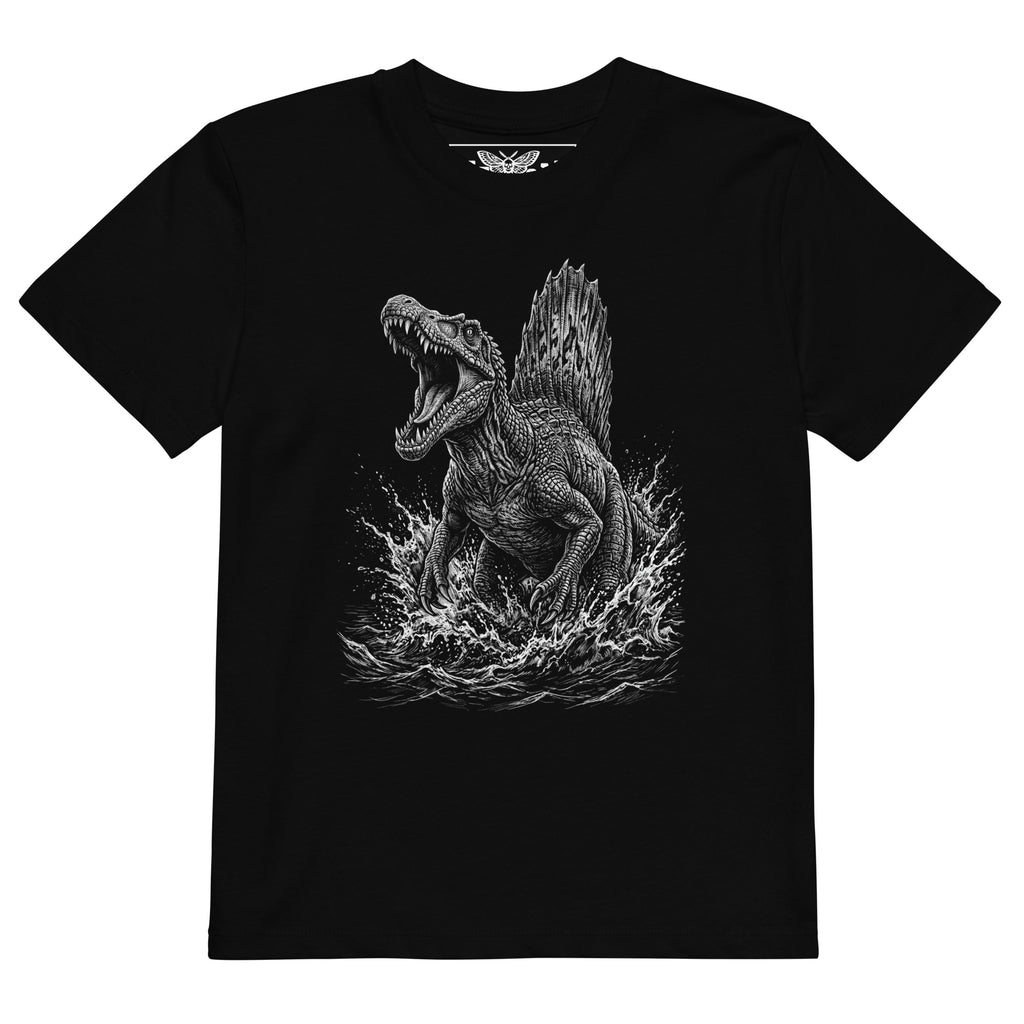 Product mockup black dinosaur t-shirt, kids dinosaur shirt, Spinosaurus t-shirt, sail-backed dinosaur tee, dinosaur graphic shirt, boys dinosaur t-shirt, girls dinosaur t-shirt, unisex kids clothing, black kids tee, monochrome dinosaur print, detailed dinosaur artwork, prehistoric animal shirt, roaring dinosaur design, water dinosaur t-shirt, dinosaur splash graphic, cool kids fashion, alternative kids clothing, rock style kids shirt, edgy children’s fashion, little rocker outfit, toddler dinosaur shirt, pr