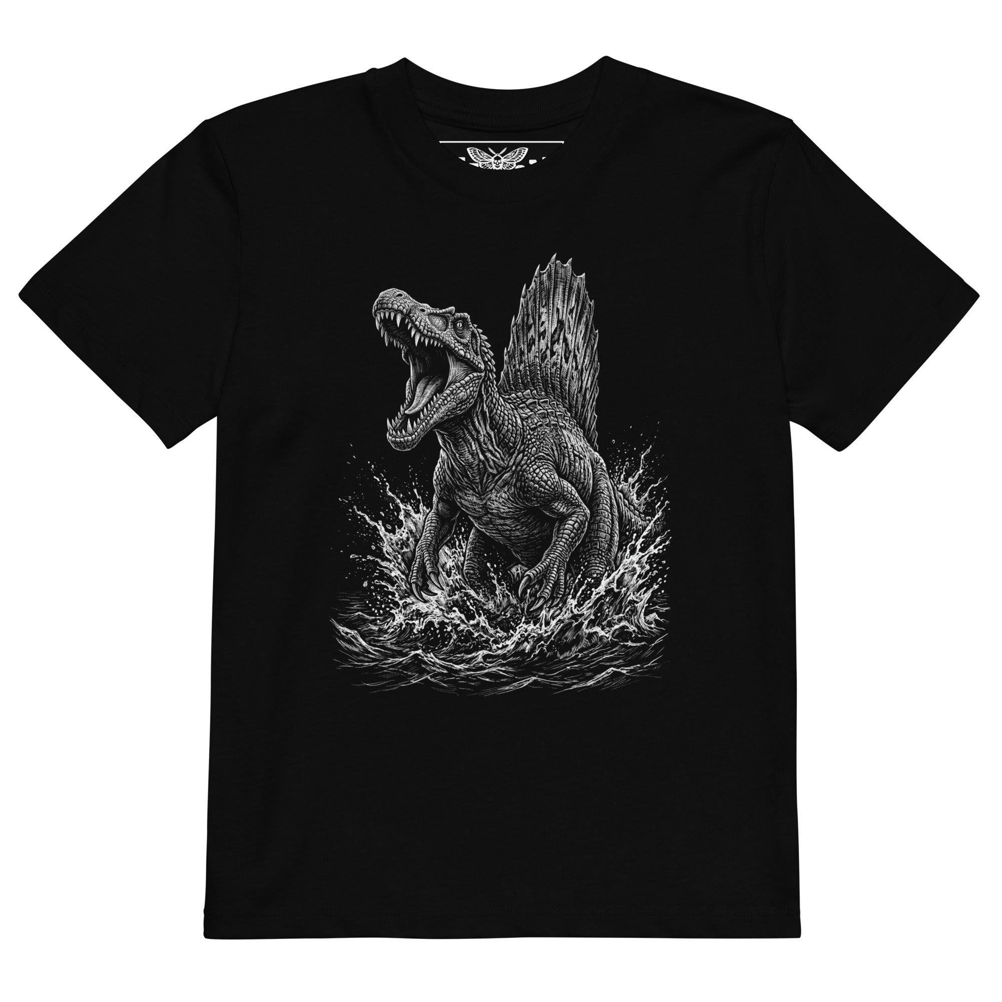 Product mockup black dinosaur t-shirt, kids dinosaur shirt, Spinosaurus t-shirt, sail-backed dinosaur tee, dinosaur graphic shirt, boys dinosaur t-shirt, girls dinosaur t-shirt, unisex kids clothing, black kids tee, monochrome dinosaur print, detailed dinosaur artwork, prehistoric animal shirt, roaring dinosaur design, water dinosaur t-shirt, dinosaur splash graphic, cool kids fashion, alternative kids clothing, rock style kids shirt, edgy children’s fashion, little rocker outfit, toddler dinosaur shirt, pr