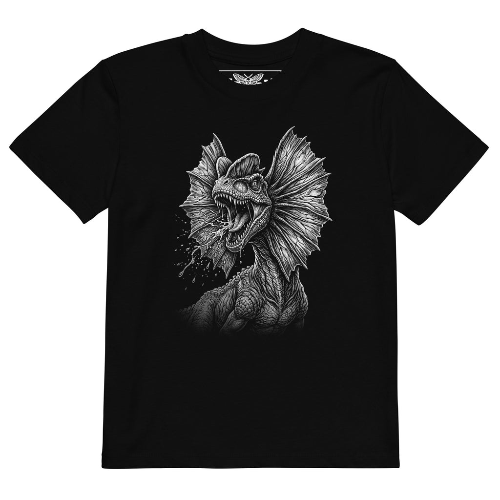 Product mockup black dinosaur t-shirt, kids dinosaur shirt, Dilophosaurus t-shirt, frilled dinosaur tee, roaring dinosaur shirt, dinosaur graphic tee, boys dinosaur t-shirt, girls dinosaur t-shirt, unisex kids clothing, black kids tee, monochrome dinosaur print, detailed dinosaur artwork, prehistoric animal shirt, fierce dinosaur design, dinosaur lover clothing, cool kids fashion, alternative kids clothing, rock style kids shirt, edgy children’s fashion, wild child outfit, toddler dinosaur shirt, preschool 