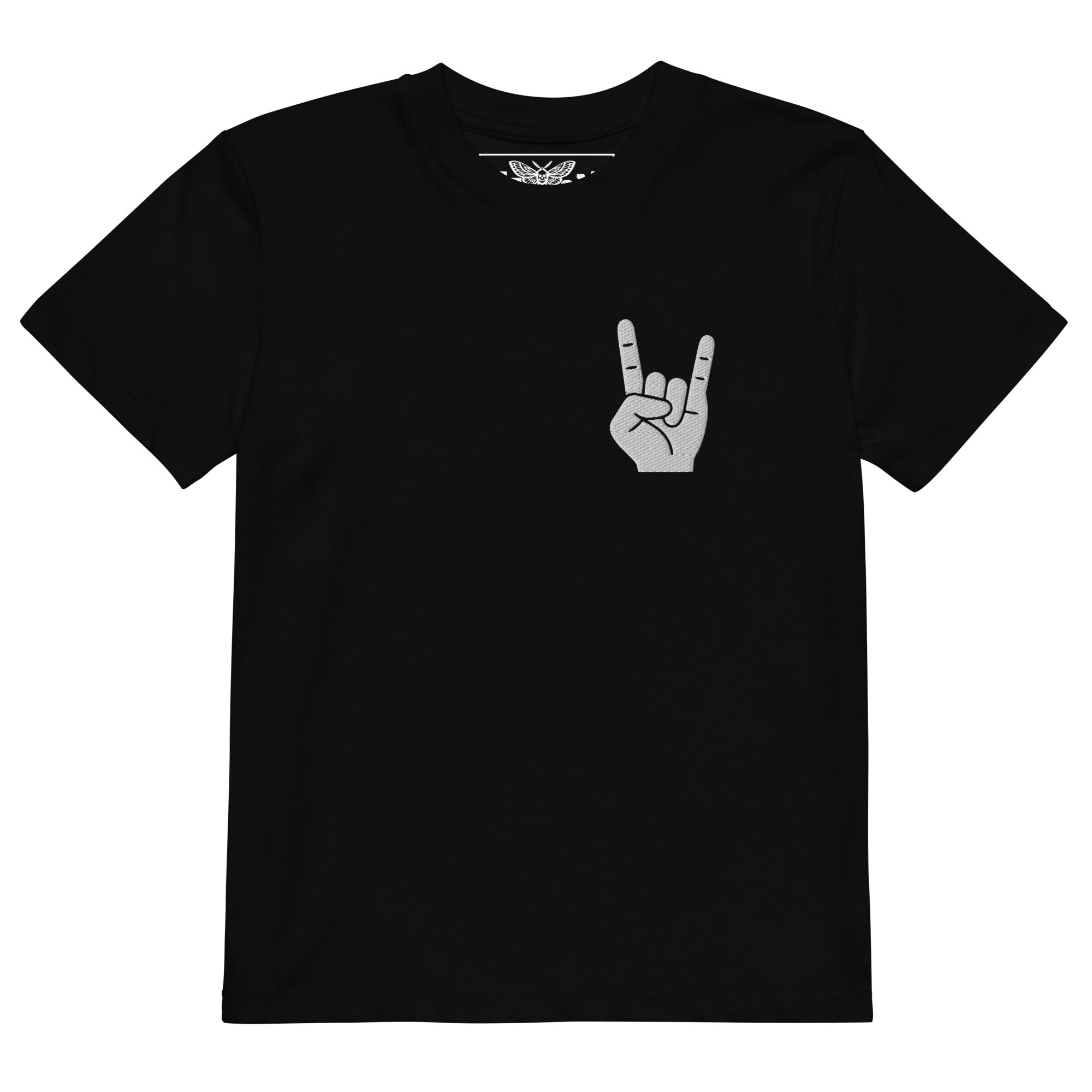 Product mockup black kids t-shirt, embroidered kids shirt, rock hand t-shirt, devil horns shirt, rock and roll kids clothing, little rocker t-shirt, metal kids shirt, punk kids clothing, alternative kids fashion, embroidered rock symbol, hand gesture embroidery, small chest embroidery, black embroidered t-shirt, boys rock shirt, girls rock shirt, unisex kids t-shirt, cool kids clothing, edgy children’s fashion, wild child outfit, mini metalhead shirt, little rebel clothing, rock music kids shirt, heavy meta