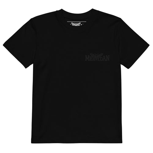 Merloan kids T-shirt, black organic cotton kids shirt, Merloan logo kids tee, alternative kids clothing, minimalist kids T-shirt, organic cotton children’s shirt, black kids graphic tee, unisex kids T-shirt, soft cotton kids tee, breathable children’s clothing, basic black kids shirt, alternative fashion for kids, rock style kids shirt, Merloan children’s clothing, everyday kids T-shirt, sustainable kids clothing, organic kids apparel, comfortable kids tee, medium fit kids shirt, black logo T-shirt for chil