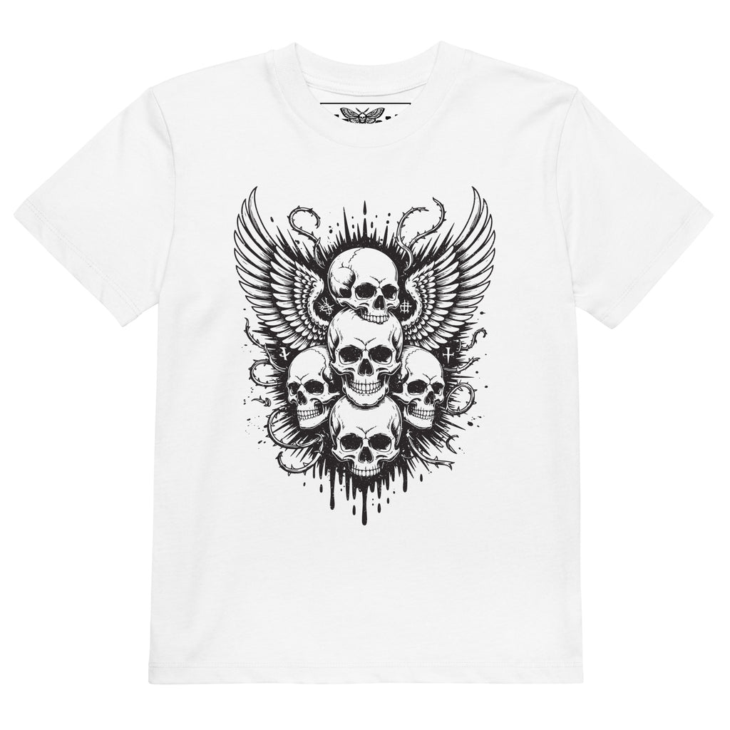 white skull t-shirt, kids skull shirt, winged skull t-shirt, skull and wings graphic tee, alternative kids clothing, rock kids t-shirt, punk kids fashion, gothic kids shirt, metal kids clothing, edgy children’s fashion, white graphic t-shirt, black and white skull design, girls rock shirt, boys rock shirt, unisex kids t-shirt, tween alternative clothing, teen rock fashion, little rocker shirt, school outfit, schoolyard style, cool kids clothing, rebellious kids fashion, grunge kids outfit, rock and roll kid