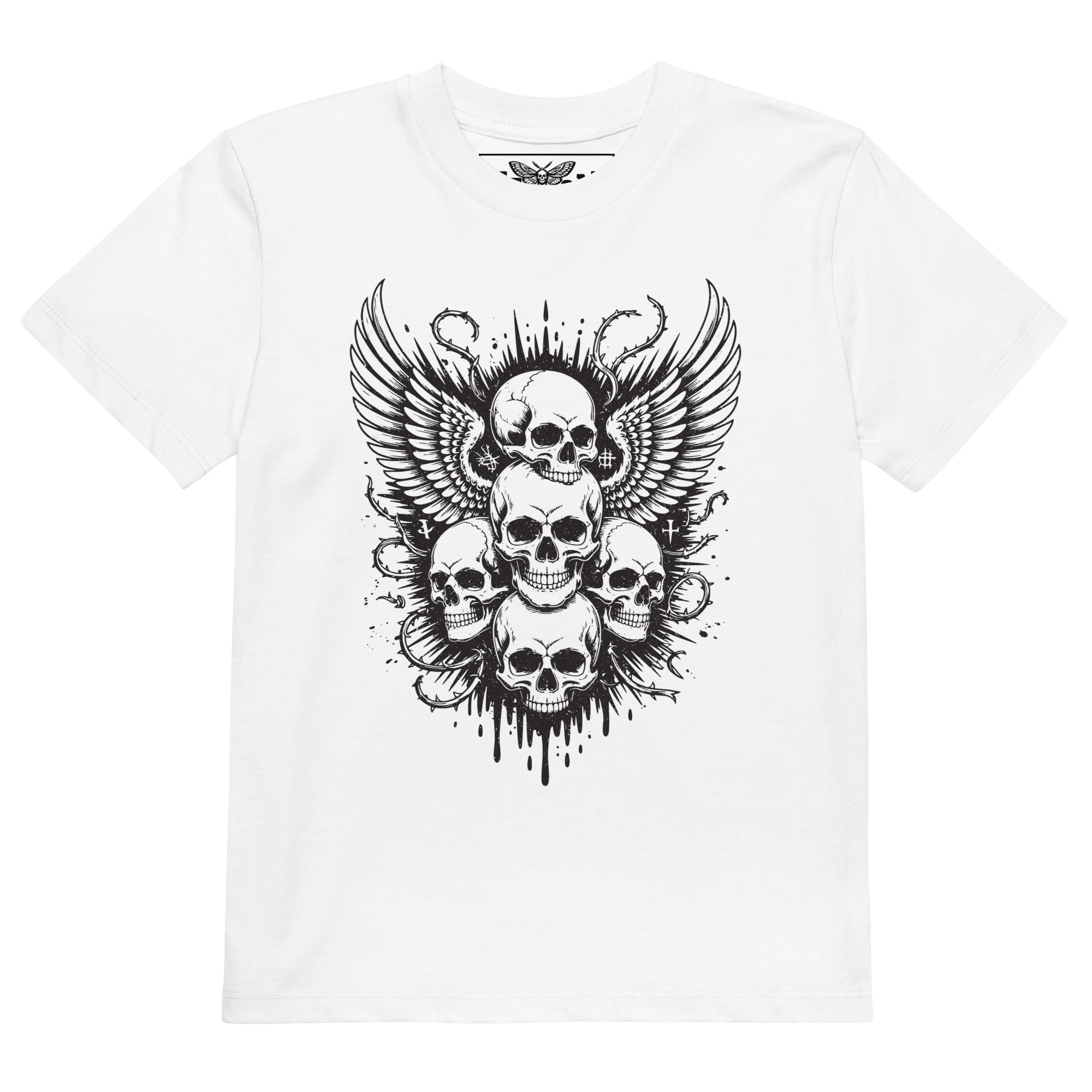 white skull t-shirt, kids skull shirt, winged skull t-shirt, skull and wings graphic tee, alternative kids clothing, rock kids t-shirt, punk kids fashion, gothic kids shirt, metal kids clothing, edgy children’s fashion, white graphic t-shirt, black and white skull design, girls rock shirt, boys rock shirt, unisex kids t-shirt, tween alternative clothing, teen rock fashion, little rocker shirt, school outfit, schoolyard style, cool kids clothing, rebellious kids fashion, grunge kids outfit, rock and roll kid