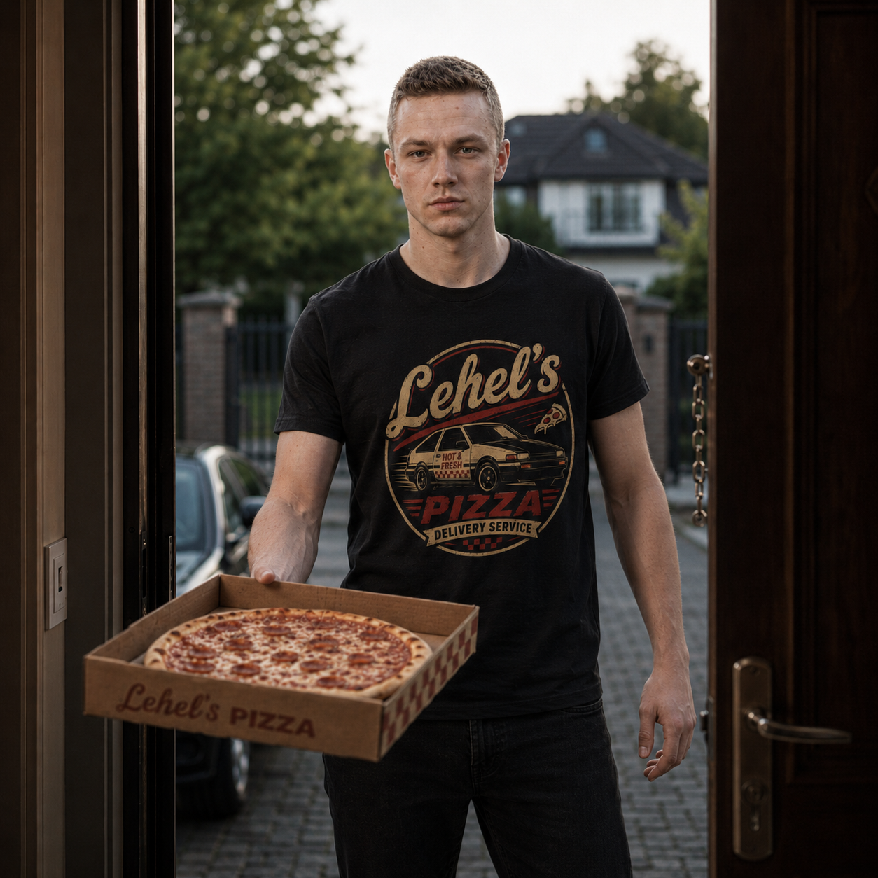 lehels pizza delivery t-shirt, pizza delivery shirt, retro car graphic tee, DMC-12 t-shirt, delorean inspired shirt, hot and fresh pizza shirt, sci-fi car t-shirt, time travel graphic tee, retro pizza service shirt, gaming car shirt, deluxo inspired t-shirt, car enthusiast gift, vintage pizzeria shirt, heavyweight cotton graphic tee, nerd culture t-shirt