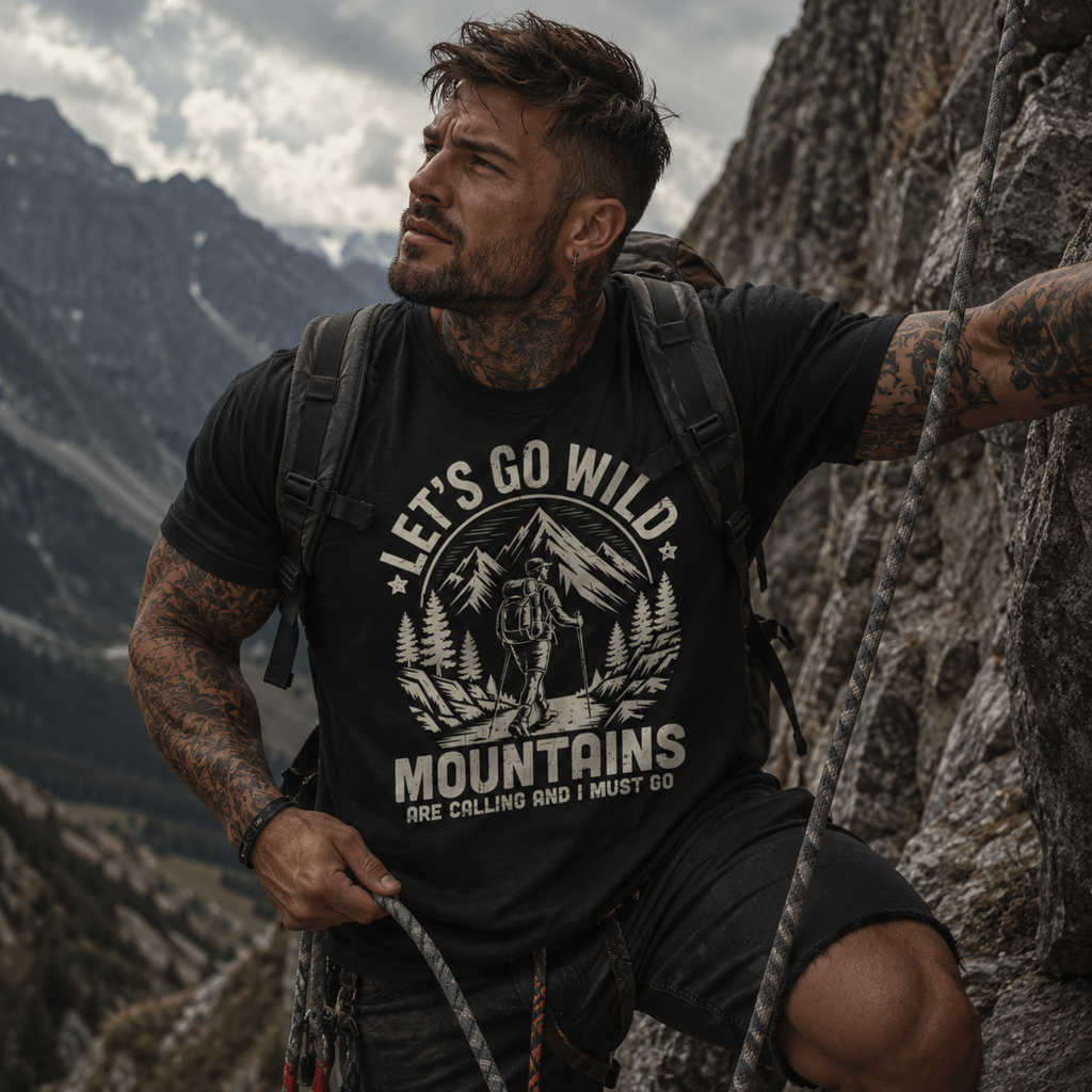 let’s go wild shirt, mountains are calling t-shirt, hiking graphic tee, mountain adventure shirt, outdoor lover t-shirt, hiking gift for men, mountain climbing shirt, trekking apparel, wilderness adventure tee, nature lover shirt, backpacking graphic t-shirt, alpine hiking shirt, rock climbing lifestyle tee, alternative outdoor fashion, muscular hiker shirt, adventure seeker gift, vintage mountain graphic tee, black hiking t-shirt, outdoor enthusiast apparel, Merloan mountain shirt