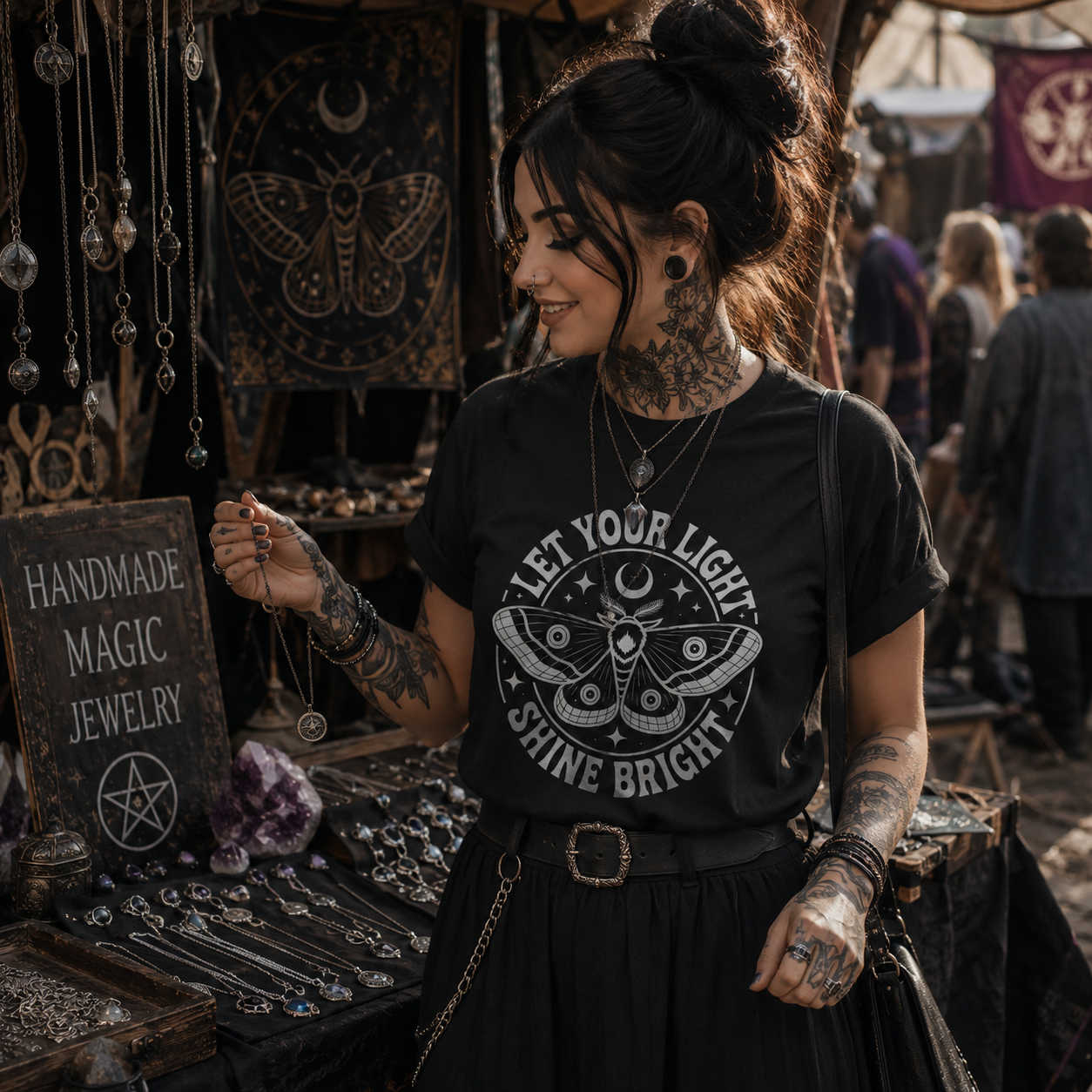 let your light shine bright shirt, witchy moth t-shirt, celestial moth graphic tee, witchcraft clothing, mystical women’s shirt, pagan symbol t-shirt, occult inspired apparel, moon and stars shirt, spiritual graphic tee, gothic witch fashion, alternative women’s clothing, medieval market outfit, magical moth design, witchy jewelry lover shirt, dark boho t-shirt, mystic aesthetic clothing, black witchcraft tee, celestial gothic shirt, enchanted market fashion, Merloan witchy shirt