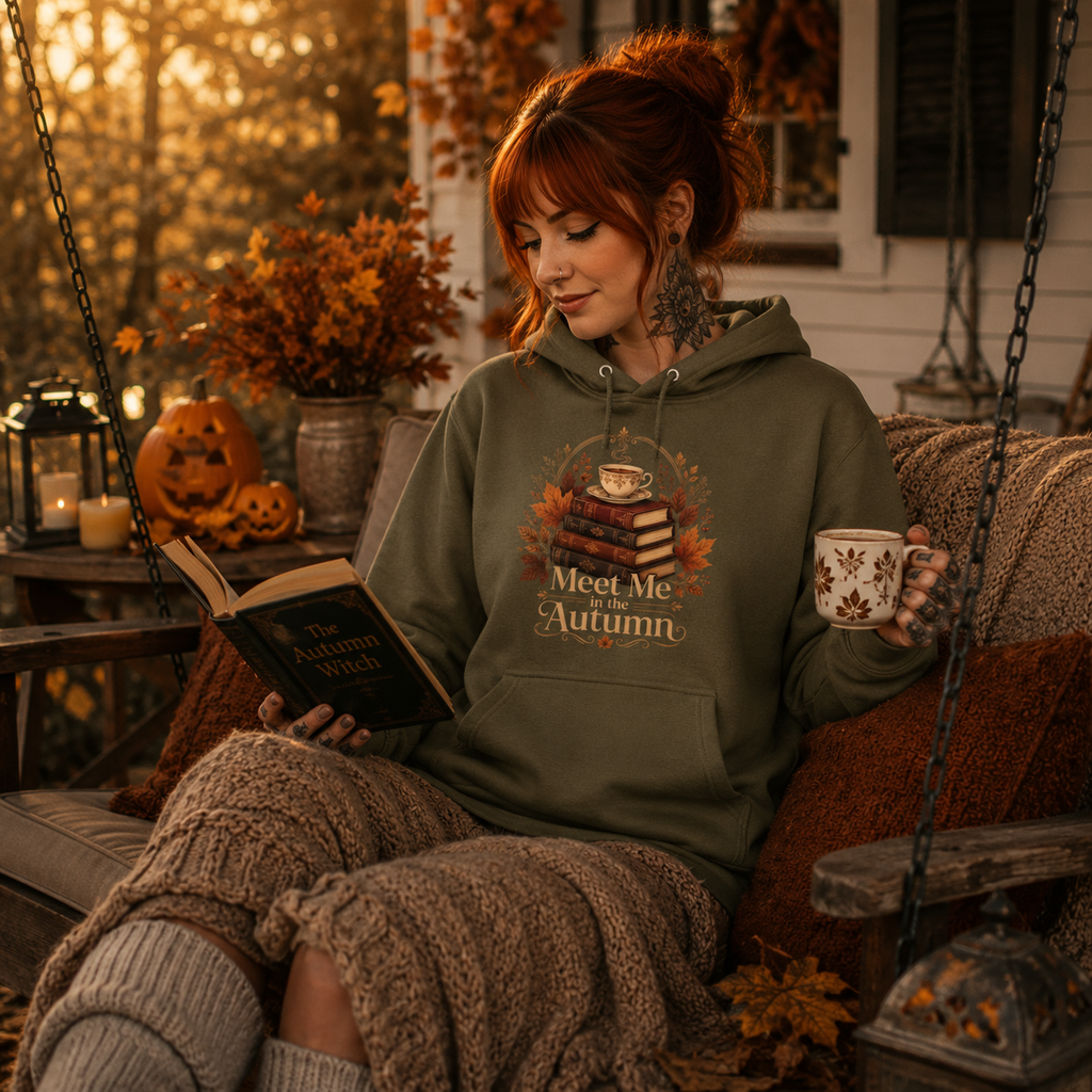 meet me in the autumn hoodie, autumn book lover hoodie, cozy reading sweatshirt, fall books and tea hoodie, bookish autumn outfit, olive green graphic hoodie, cozy terrace reading outfit, cottagecore autumn hoodie, alternative book lover fashion, redhead autumn aesthetic, fall garden reading hoodie, warm tea and books sweatshirt, literary autumn clothing, cozy season pullover, vintage book stack hoodie, women’s autumn hoodie, unisex fall graphic sweatshirt, bookworm gift hoodie, autumn leaves outfit, cozy o