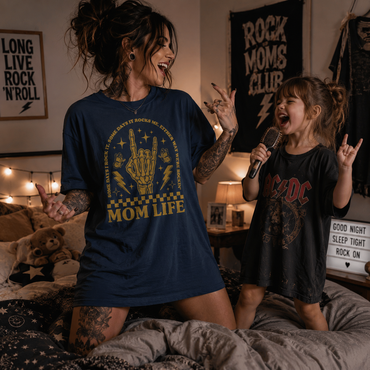 mom life shirt, rock mom t-shirt, alternative mom shirt, rocker mom graphic tee, motherhood rock shirt, cool mom outfit, oversized sleep shirt, mom and daughter shirt, bedtime chaos mom tee, funny mom life shirt, skeleton hand rock shirt, rock and roll mom apparel, edgy mom fashion, navy mom graphic tee, alternative motherhood clothing, toddler mom gift, matching mom daughter vibe, bedtime routine shirt, women’s rock graphic tee, Merloan mom shirt