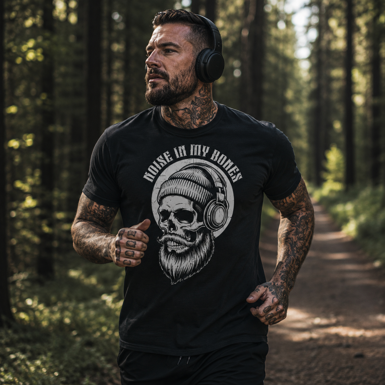 music in my bones shirt, skull headphones t-shirt, bearded skull graphic tee, alternative running shirt, rock jogging outfit, forest running t-shirt, tattooed runner style, music lover graphic tee, heavy metal workout shirt, headphone skull shirt, alternative sportswear, black fitness graphic tee, rock music apparel, runner gift for men, gym and running shirt, outdoor workout clothing, edgy men’s t-shirt, skull music design, athletic rock style, Merloan music shirt
