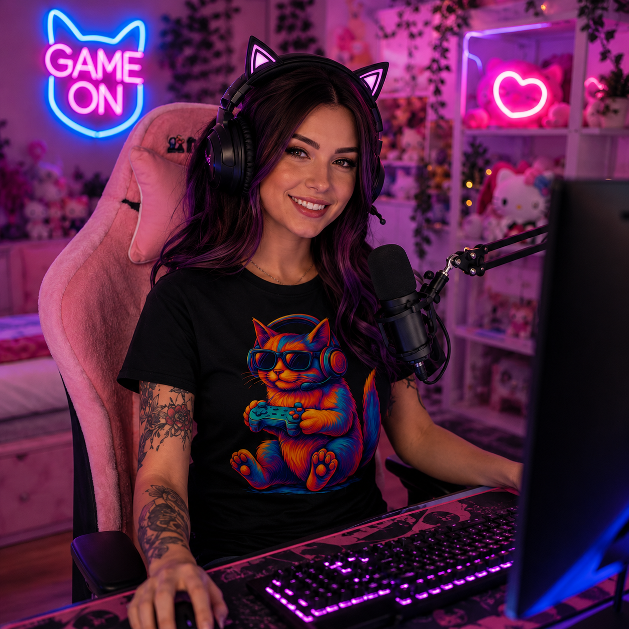 neon gamer cat T-shirt, gaming cat shirt, cat with controller T-shirt, gamer cat graphic tee, cat with headphones shirt, headset cat T-shirt, colorful cat gaming shirt, retro neon gamer tee, video game cat T-shirt, funny gamer cat shirt, gaming kitten graphic tee, cat lover gamer gift, console gaming T-shirt, controller graphic shirt, cute gamer clothing, psychedelic cat T-shirt, vibrant gaming shirt, gamer gift for cat lovers, heavyweight cotton T-shirt, garment-dyed unisex tee, relaxed fit gaming shirt, a