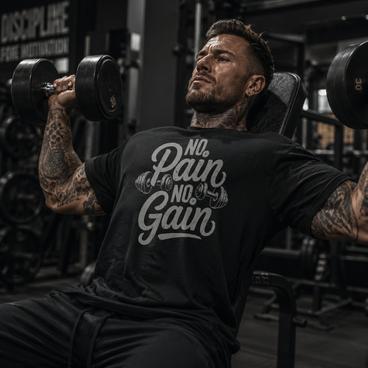 no pain no gain shirt, gym motivation t-shirt, workout graphic tee, bodybuilding shirt, weightlifting t-shirt, fitness motivation apparel, muscle training shirt, gym lover gift, strength training tee, dumbbell graphic shirt, men’s workout shirt, hardcore gym clothing, alternative fitness fashion, rock style gym shirt, powerlifting tee, bodybuilding gift for men, training motivation shirt, black gym t-shirt, vintage fitness graphic tee, Merloan gym shirt