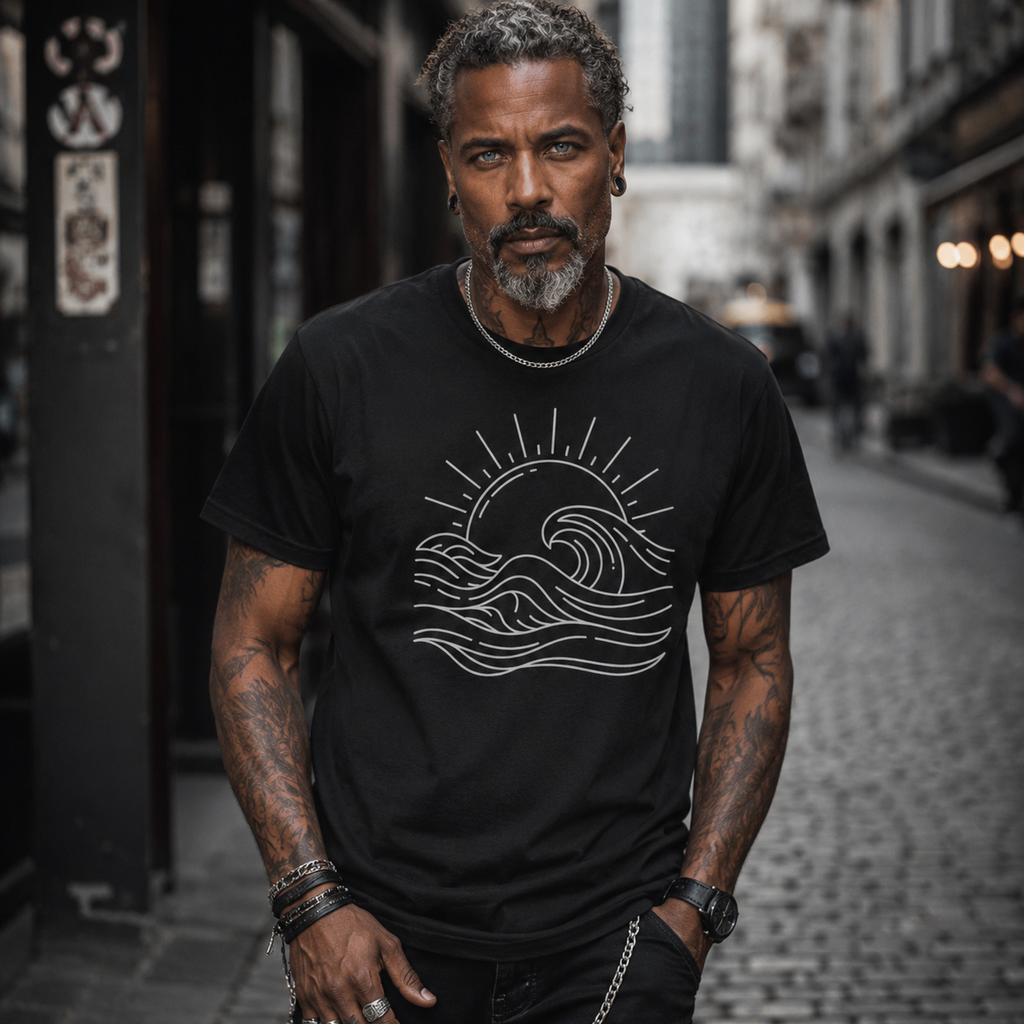 ocean wave t-shirt, minimalist wave graphic tee, sun and sea shirt, nautical line art t-shirt, black ocean t-shirt, alternative men’s fashion, rock style men’s shirt, dark streetwear t-shirt, coastal graphic tee, sea lover shirt, surf inspired t-shirt, minimalist nautical design, black graphic tee men, urban alternative outfit, ocean aesthetic clothing, wave art shirt, summer streetwear men, casual rock fashion, sea and sun graphic, modern line art tee, coastal lifestyle shirt, monochrome wave design, uniqu
