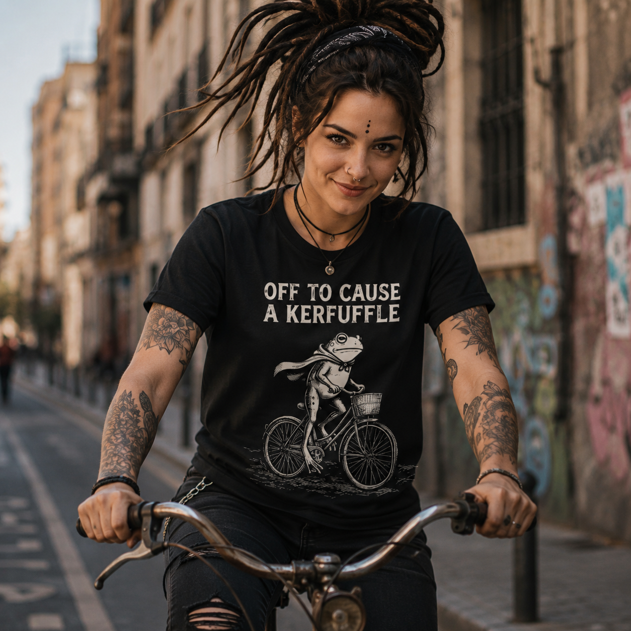off to cause a kerfuffle shirt, funny frog bicycle t-shirt, cycling frog graphic tee, quirky women’s shirt, alternative streetwear t-shirt, vintage bicycle graphic shirt, funny animal tee, urban cycling outfit, black graphic t-shirt, whimsical frog shirt, sarcastic women’s fashion, city bike lifestyle shirt, retro frog illustration tee, alternative hipster clothing, bicycle lover gift, humorous graphic apparel, edgy casual streetwear, frog lover t-shirt, Merloan funny shirt, Merloan alternative tee
