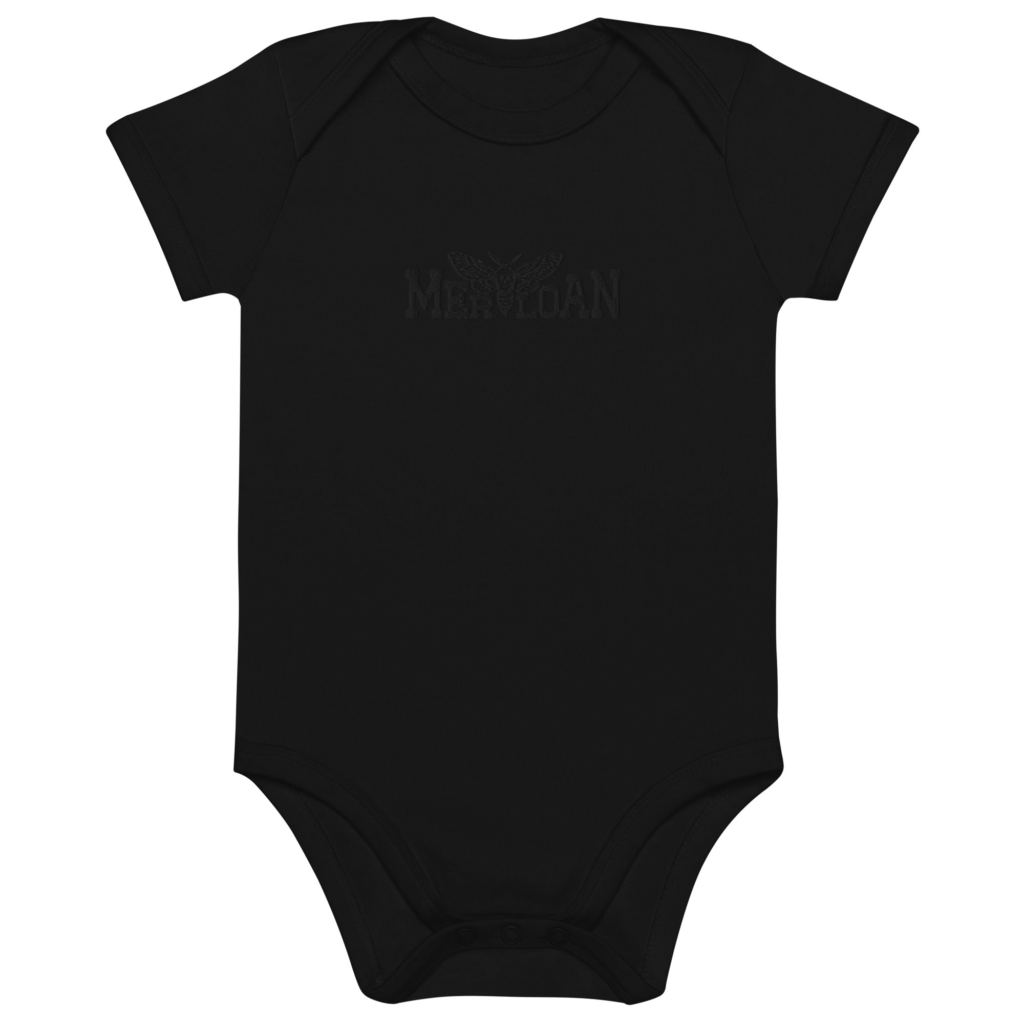 Merloan baby bodysuit, black organic baby bodysuit, organic cotton baby bodysuit, black baby onesie, unisex baby bodysuit, minimalist baby clothing, alternative baby clothes, soft cotton baby bodysuit, stretchy baby bodysuit, envelope neck bodysuit, nickel-free baby bodysuit, sustainable baby clothing, black newborn outfit, Merloan baby basics, organic baby gift