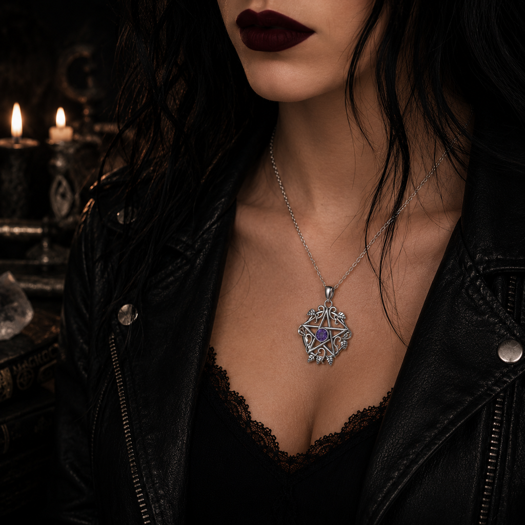 925 Sterling Silver Pentagram Leaf Necklace – Purple Crystal Witch Pendant