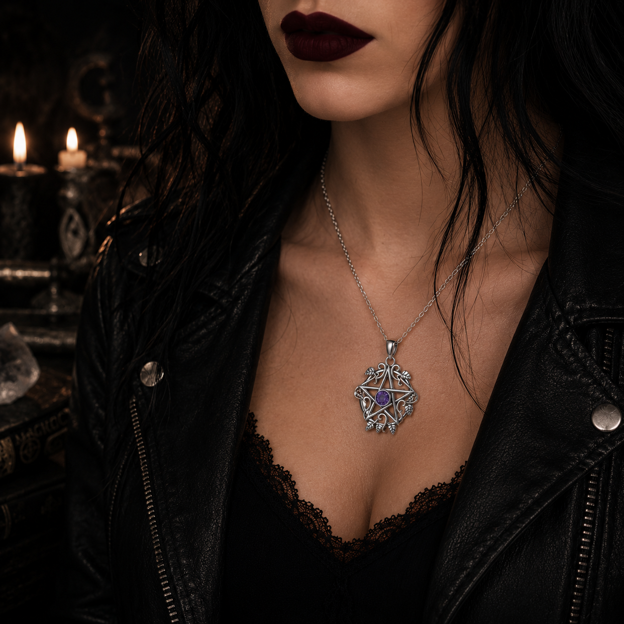 925 Sterling Silver Pentagram Leaf Necklace – Purple Crystal Witch Pendant