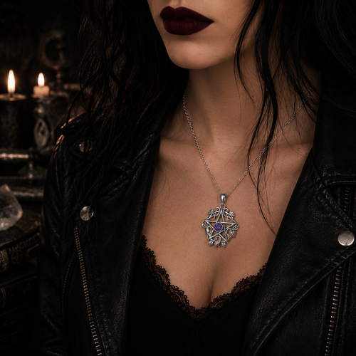 925 Sterling Silver Pentagram Leaf Necklace – Purple Crystal Witch Pendant