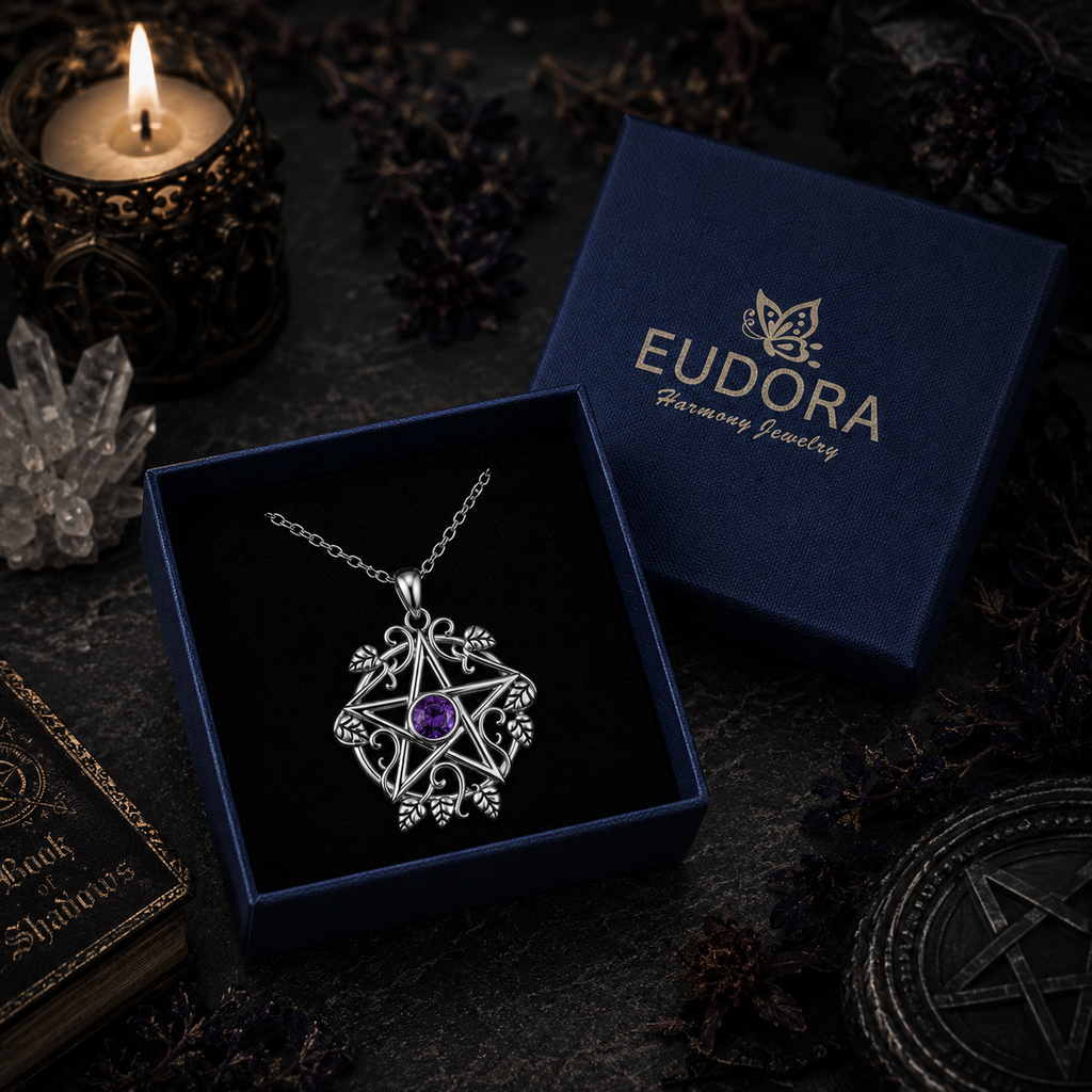 925 Sterling Silver Pentagram Leaf Necklace – Purple Crystal Witch Pendant