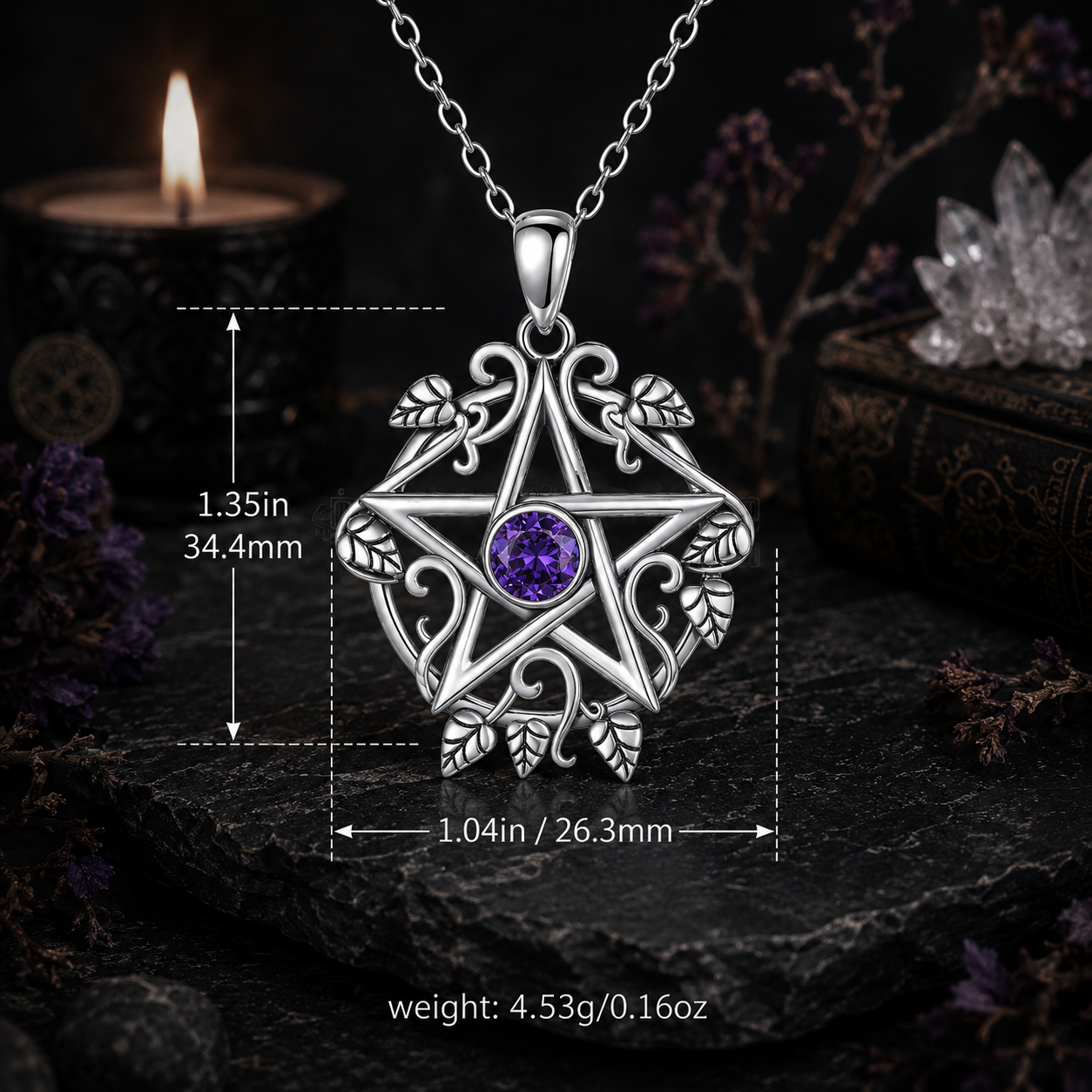 925 Sterling Silver Pentagram Leaf Necklace – Purple Crystal Witch Pendant