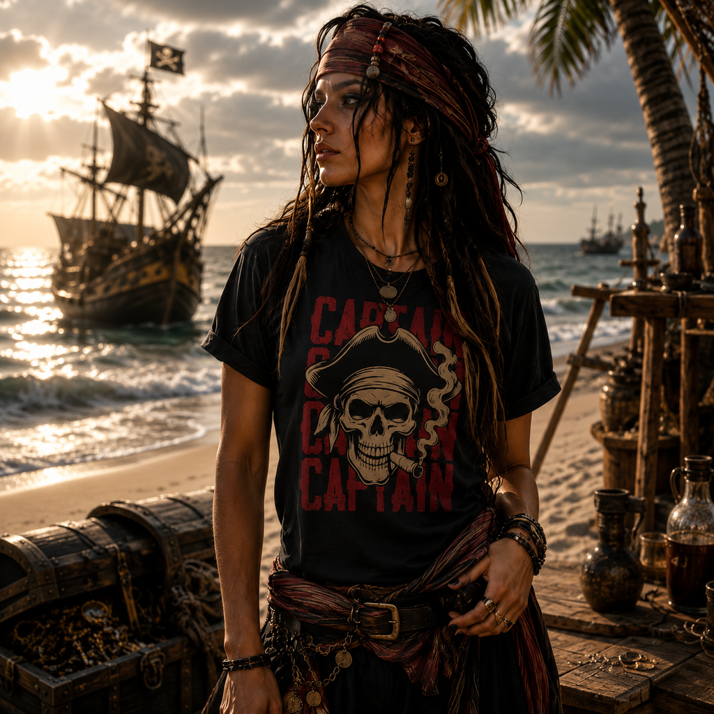 pirate captain t-shirt, skull pirate shirt, captain graphic tee, pirate skull tee, nautical pirate shirt, Caribbean pirate apparel, women’s pirate t-shirt, alternative pirate fashion, rock style graphic tee, vintage pirate shirt, buccaneer clothing, maritime skull shirt, pirate lover gift, dark nautical fashion, pirate festival outfit, coastal adventure shirt, skull graphic t-shirt, edgy women’s tee, pirate beachwear, captain skull design
