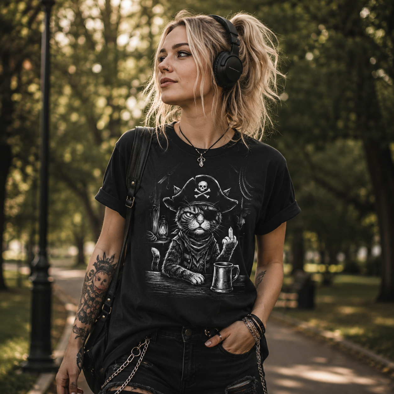 pirate cat t-shirt, grumpy cat pirate shirt, funny pirate cat tee, alternative women’s fashion, black graphic tee women, rock style cat shirt, pirate pet graphic, cat lover gift, gothic cat t-shirt, edgy women’s streetwear, headphones park outfit, alternative lifestyle clothing, black casual graphic tee, sarcastic cat shirt, pirate humor t-shirt, rock chick outfit, urban park fashion, cat with eyepatch shirt, nautical cat design, unique graphic t-shirt, women’s alternative apparel, dark humor cat tee, punk 