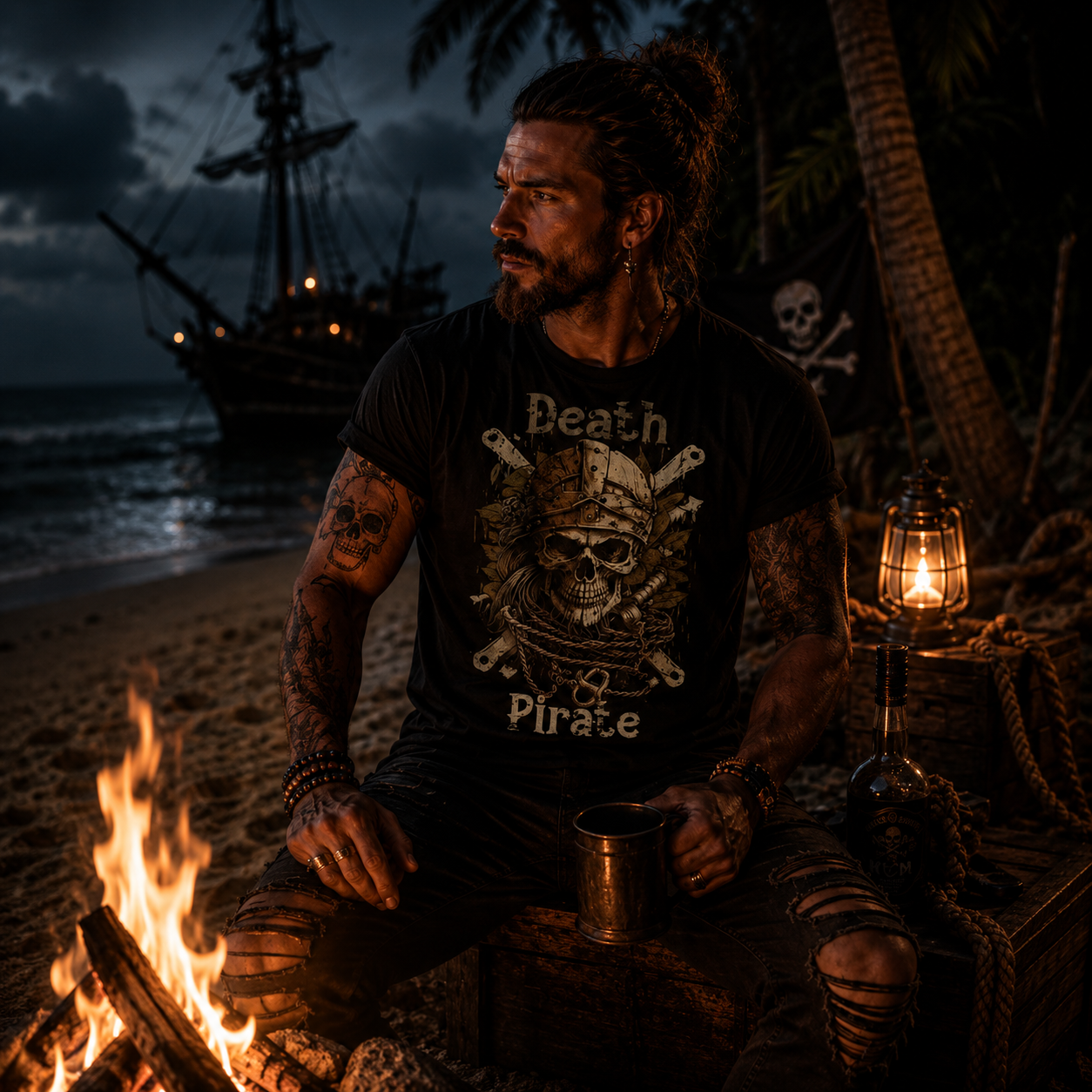 pirate skull t-shirt, death pirate shirt, nautical skull graphic tee, Caribbean pirate apparel, dark pirate design, pirate festival outfit, skull and swords shirt, gothic nautical t-shirt, pirate lover gift, rum and pirate shirt, alternative men’s fashion, black pirate graphic tee, maritime skull apparel, unisex pirate t-shirt, adventure pirate shirt