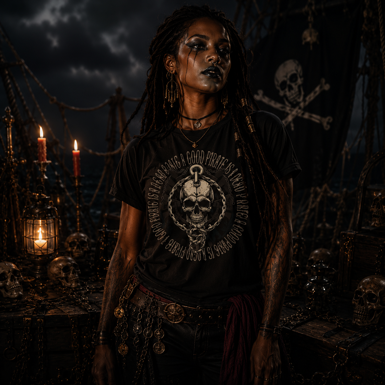 pirate skull t-shirt, gothic pirate shirt, dark nautical graphic tee, anchor skull t-shirt, pirate queen outfit, Caribbean pirate apparel, maritime skull design, skull and chain shirt, black pirate graphic tee, voodoo pirate aesthetic, pirate festival outfit, alternative women’s fashion, dark fantasy pirate shirt, nautical adventure apparel, unisex pirate t-shirt