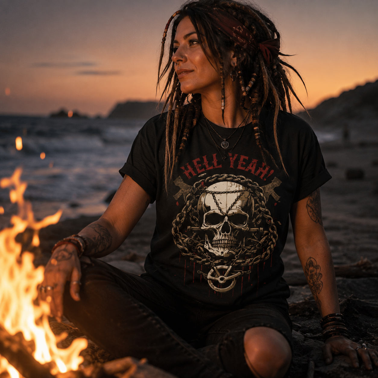 pirate skull t-shirt, hell yeah skull shirt, chain skull graphic tee, alternative women’s fashion, rock style women’s t-shirt, black graphic tee women, pirate inspired streetwear, casual pirate style, beach bonfire outfit, sunset beach fashion, dreadlock alternative style, gothic pirate shirt, skull and chains t-shirt, dark nautical fashion, rock and roll graphic tee, edgy women’s clothing, campfire beach outfit, rebellious streetwear women, vintage pirate graphic, black summer t-shirt, alternative coastal 