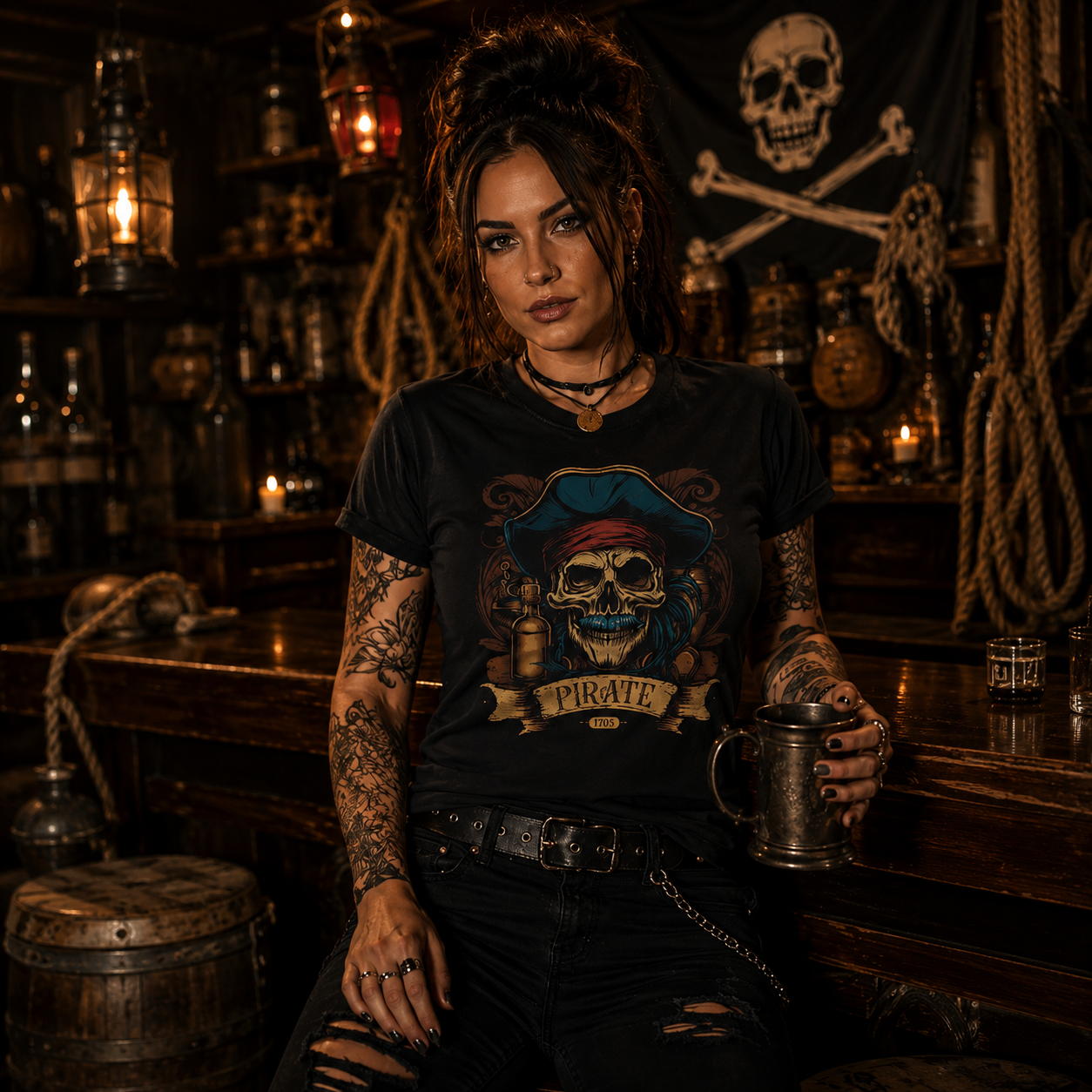 pirate skull t-shirt, pirate graphic tee, vintage pirate shirt, nautical skull apparel, alternative women’s t-shirt, rock style pirate tee, pirate tavern outfit, buccaneer graphic shirt, dark nautical fashion, pirate lover gift, skull and rum shirt, Caribbean pirate clothing, tattoo style graphic tee, edgy women’s shirt, maritime adventure t-shirt, pirate captain design, gothic pirate apparel, festival pirate outfit, grunge graphic tee, unisex pirate shirt