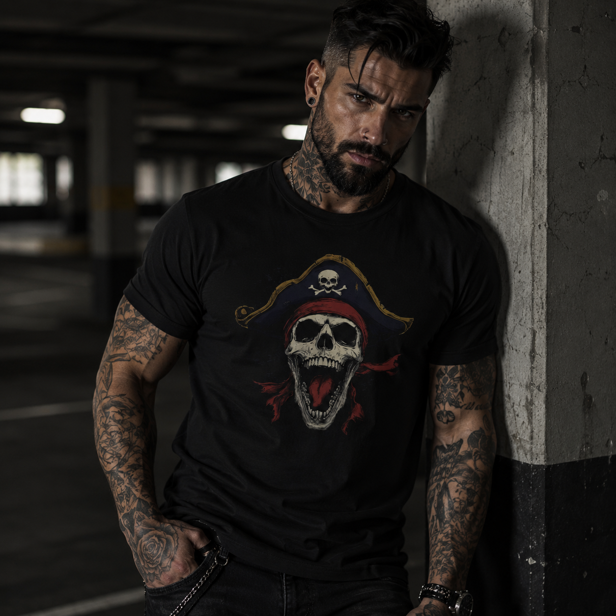 pirate skull t-shirt, screaming pirate skull shirt, rock style men’s t-shirt, alternative men’s fashion, black graphic tee men, muscular men’s streetwear, gothic pirate shirt, edgy skull graphic tee, parking garage outfit, seductive male fashion, pirate rock clothing, dark alternative style, skull and crossbones shirt, men’s statement t-shirt, biker inspired fashion, grunge men’s clothing, black rock t-shirt, urban gothic outfit, pirate lover gift, masculine graphic tee, rebellious streetwear men, dark fant
