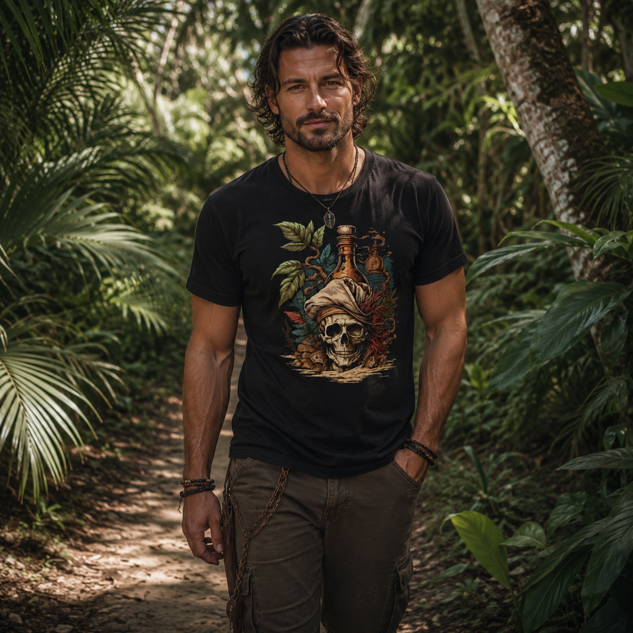 pirate skull t-shirt, tropical pirate shirt, Caribbean pirate tee, skull bottle graphic shirt, pirate jungle outfit, vintage pirate graphic tee, alternative men’s t-shirt, nautical skull shirt, black pirate t-shirt, tropical adventure clothing, pirate lover gift, gothic pirate fashion, island explorer shirt, botanical skull t-shirt, rum bottle skull design, casual pirate style, jungle adventure tee, dark nautical fashion, men’s graphic t-shirt, realistic pirate outfit, Caribbean jungle fashion, pirate stree