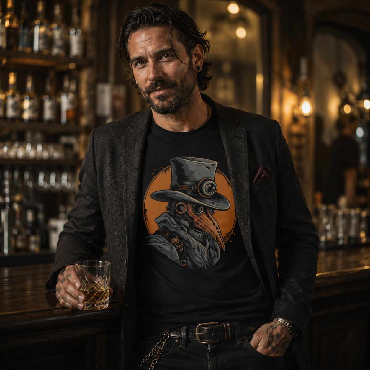 plague doctor t-shirt, steampunk plague doctor shirt, gothic plague mask tee, Victorian steampunk clothing, alternative men’s fashion, black graphic t-shirt men, plague doctor graphic tee, dark academia shirt, industrial gothic fashion, steampunk gentleman outfit, vintage doctor mask design, gothic restaurant outfit, smart casual alternative style, blazer and graphic tee, clockwork plague doctor, copper orange graphic shirt, dark fantasy t-shirt, rock style men’s clothing, alternative evening outfit, gothic