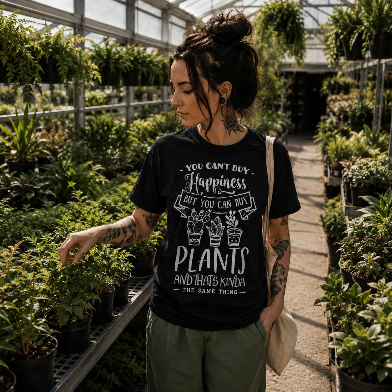 plant lover t-shirt, you can’t buy happiness but you can buy plants shirt, funny plant shirt, botanical graphic tee, gardening t-shirt, plant mom gift, greenhouse outfit, houseplant lover apparel, black plant shirt, plant addict tee, gardener gift, botanical lifestyle clothing, unisex gardening shirt, plant humor t-shirt, cactus graphic tee