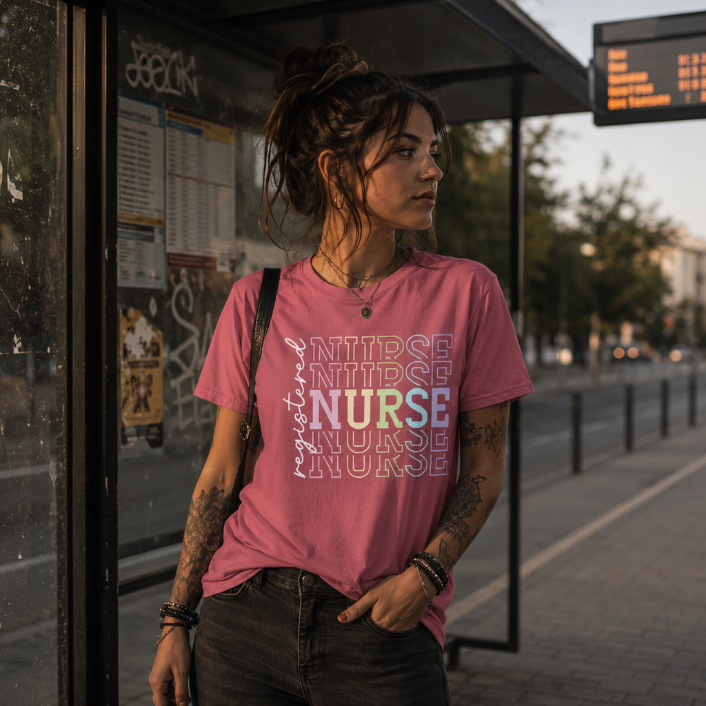 registered nurse shirt, nurse graphic t-shirt, nursing student gift, healthcare worker tee, nurse appreciation shirt, women’s nurse t-shirt, medical professional apparel, retro nurse graphic tee, hospital staff shirt, nurse graduation gift, pink nurse shirt, alternative nurse fashion, brunette model shirt, everyday nurse outfit, registered nurse gift, comfortable workwear tee, nurse life apparel, healthcare hero shirt, casual streetwear women, Merloan nurse shirt