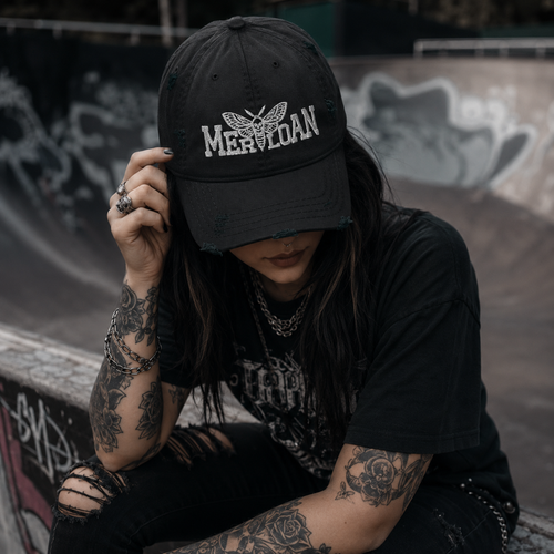 Basic Merloan cap, distressed dad hat, black distressed cap, cotton twill dad hat, unstructured baseball cap, low profile cap, adjustable dad hat, vintage style cap, distressed brim hat, casual streetwear cap, alternative fashion hat, minimalist logo cap, everyday cotton cap, Merloan headwear, unisex distressed hat