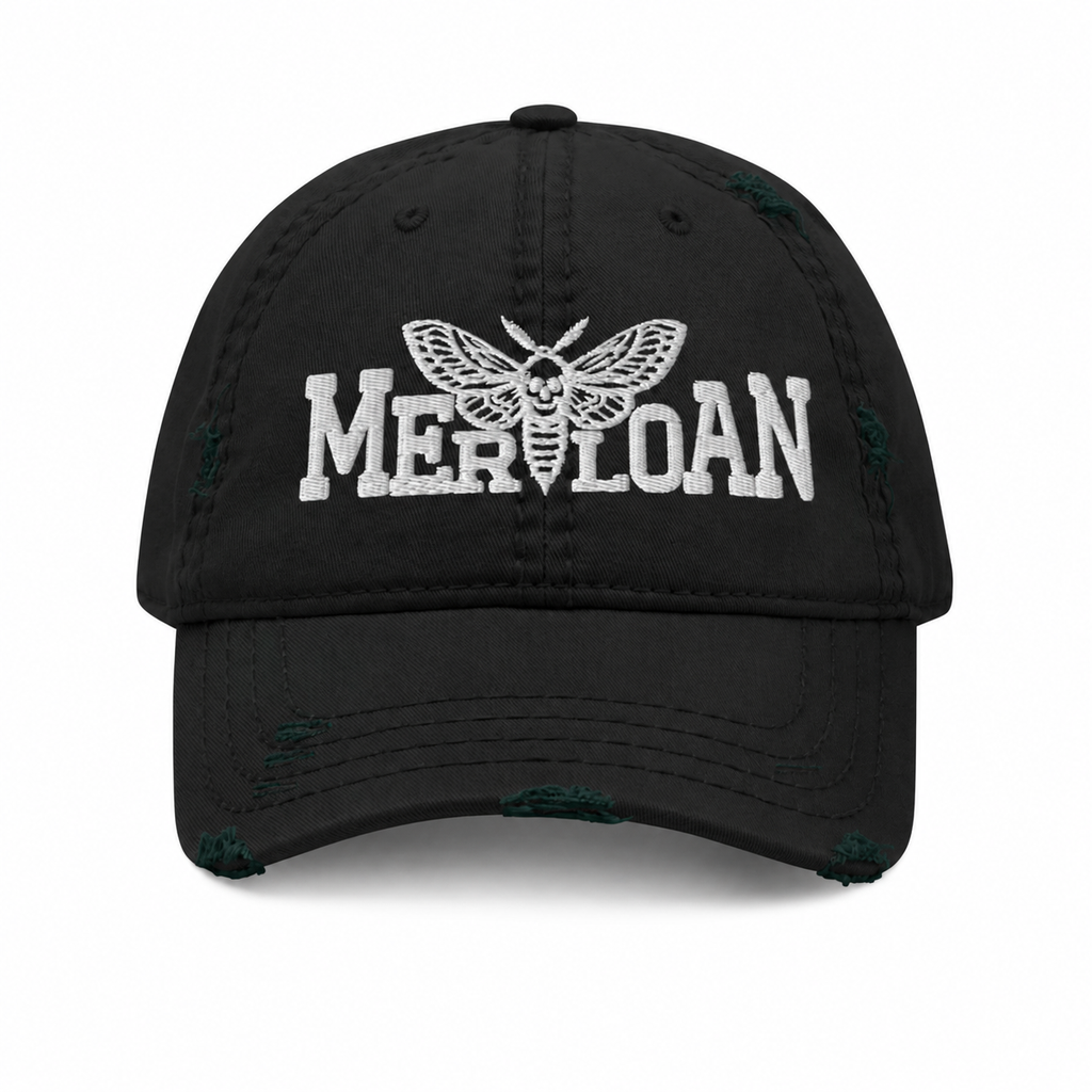Basic Merloan cap, distressed dad hat, black distressed cap, cotton twill dad hat, unstructured baseball cap, low profile cap, adjustable dad hat, vintage style cap, distressed brim hat, casual streetwear cap, alternative fashion hat, minimalist logo cap, everyday cotton cap, Merloan headwear, unisex distressed hat