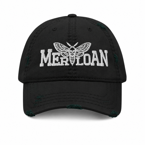 Basic Merloan cap, distressed dad hat, black distressed cap, cotton twill dad hat, unstructured baseball cap, low profile cap, adjustable dad hat, vintage style cap, distressed brim hat, casual streetwear cap, alternative fashion hat, minimalist logo cap, everyday cotton cap, Merloan headwear, unisex distressed hat