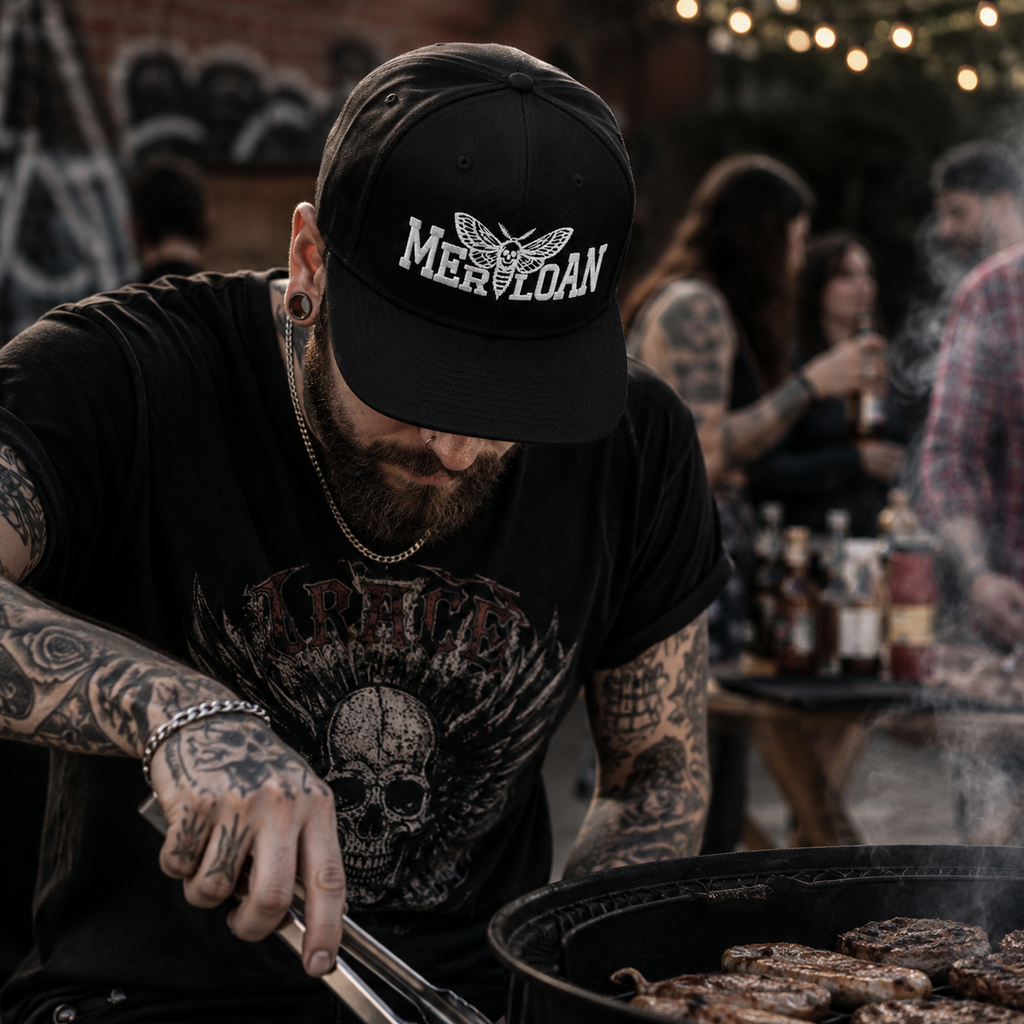 Merloan snapback hat, black snapback cap, structured snapback, high profile cap, flat visor hat, adjustable snapback, grey under visor cap, unisex snapback hat, streetwear snapback, alternative fashion cap, Merloan logo cap, black streetwear hat, six panel snapback, acrylic wool snapback, everyday headwear