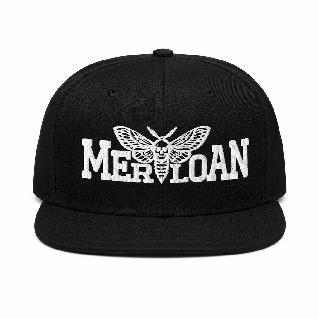 Merloan snapback hat, black snapback cap, structured snapback, high profile cap, flat visor hat, adjustable snapback, grey under visor cap, unisex snapback hat, streetwear snapback, alternative fashion cap, Merloan logo cap, black streetwear hat, six panel snapback, acrylic wool snapback, everyday headwear
