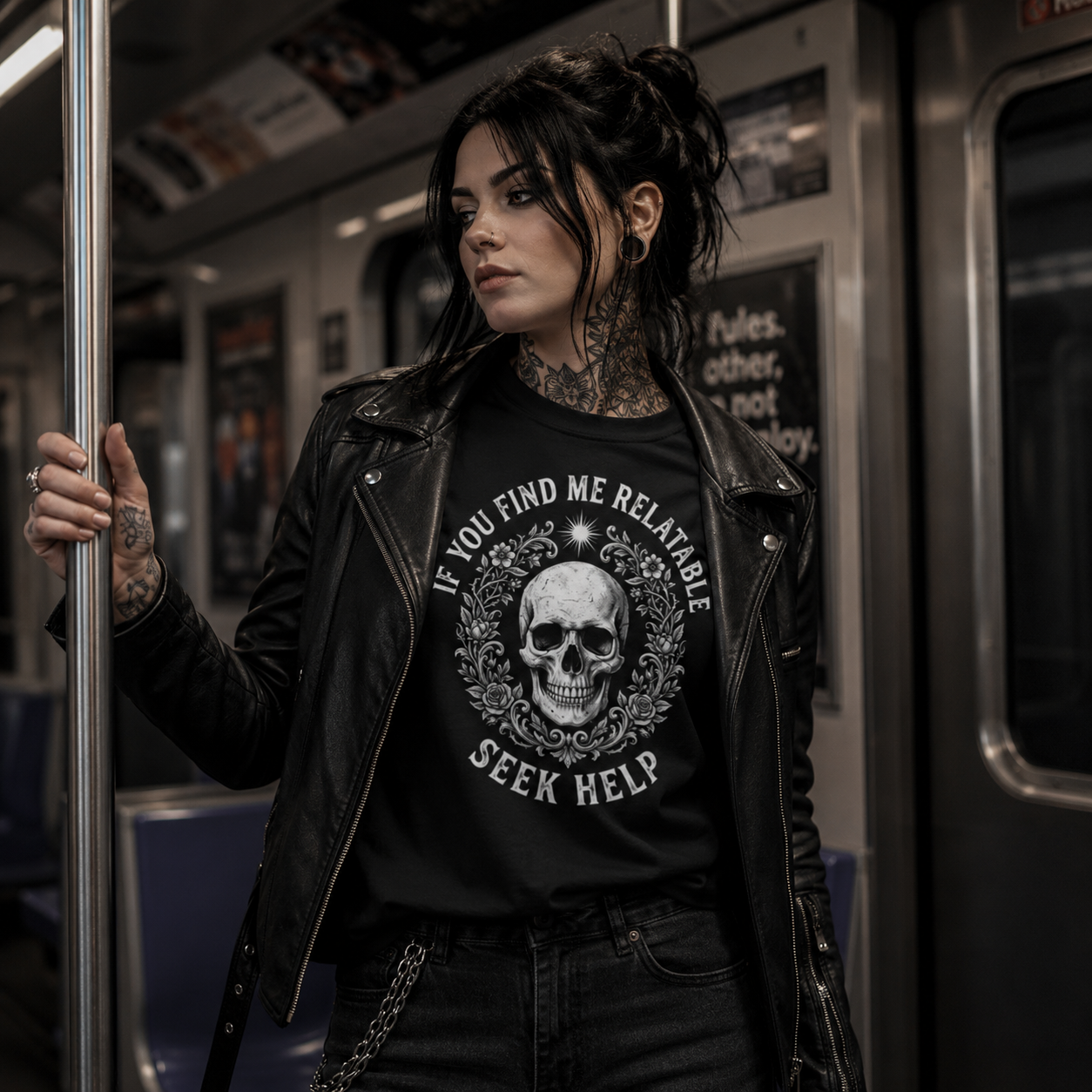 seek help t-shirt, relatable skull shirt, gothic skull graphic tee, black graphic t-shirt women, alternative women’s fashion, rock style women’s shirt, subway outfit women, leather jacket outfit, dark humor t-shirt, sarcastic graphic tee, floral skull shirt, gothic floral clothing, urban alternative fashion, black statement tee, punk rock women’s style, edgy streetwear women, skull lover gift, alternative city outfit, public transport fashion, rebellious women’s clothing, gothic streetwear, rock inspired ca