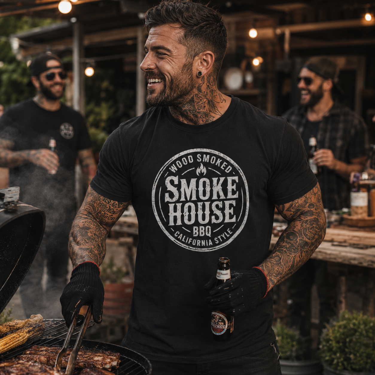 smokehouse BBQ shirt, wood smoked barbecue t-shirt, grill master shirt, smoker grill tee, backyard BBQ shirt, barbecue lover gift, pitmaster t-shirt, California style BBQ shirt, funny grilling shirt, meat smoker apparel, summer cookout shirt, BBQ party outfit, muscular grill master shirt, alternative rock style tee, vintage smokehouse graphic tee, men’s grilling shirt, barbecue chef gift, garden party t-shirt, black BBQ graphic shirt, Merloan grill shirt