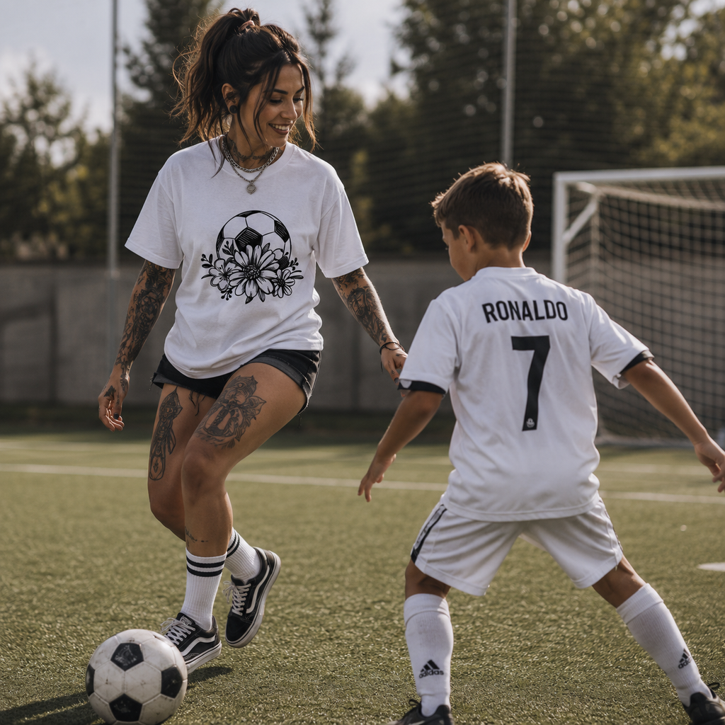 soccer flower shirt, football floral t-shirt, women’s soccer graphic tee, football mom shirt, mother son soccer outfit, soccer lover gift, women’s football shirt, floral football design, match day mom shirt, soccer field outfit, alternative football fashion, rock style soccer tee, white football graphic shirt, football family apparel, soccer boy mom shirt, women’s sports fan clothing, football training outfit, soccer passion shirt, mother and son football shirt, Merloan football shirt