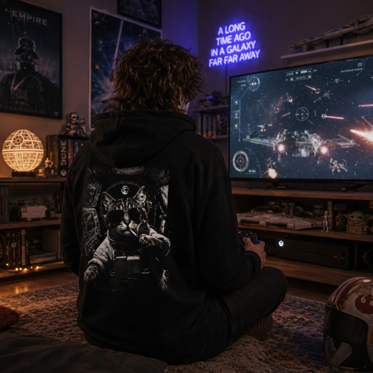 space cat hoodie, astronaut cat hoodie, sci-fi cat graphic hoodie, gamer hoodie for men, space gaming sweatshirt, cosmic cat back print hoodie, nerdy gamer clothing, black sci-fi hoodie, galaxy gaming apparel, cat astronaut graphic, console gamer hoodie, space lover gift, futuristic cat sweatshirt, alternative gamer fashion, astronomy fan hoodie, gaming room outfit, back print graphic hoodie, geek culture clothing, cosmic streetwear, Merloan gamer hoodie