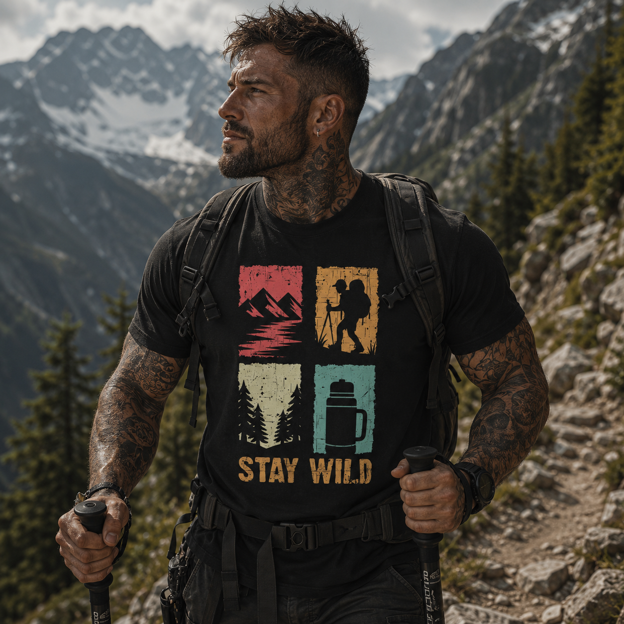 stay wild shirt, hiking graphic tee, alpine hiking t-shirt, mountain adventure shirt, outdoor lover t-shirt, wilderness graphic tee, trekking shirt for men, muscular hiker shirt, hiking in the Alps shirt, backpacking t-shirt, nature lover apparel, mountain explorer tee, camping and hiking shirt, adventure seeker gift, retro outdoor graphic tee, alternative outdoor fashion, rock style hiking shirt, black mountain t-shirt, stay wild outdoor shirt, Merloan hiking shirt