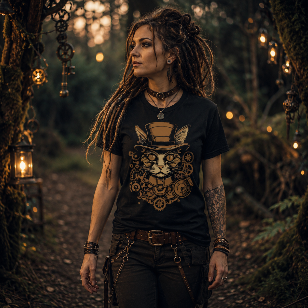 steampunk cat t-shirt, clockwork cat shirt, mechanical cat graphic tee, top hat cat t-shirt, gothic cat lover shirt, vintage gear cat design, alternative women’s t-shirt, witchy cat clothing, steampunk forest outfit, enchanted woodland fashion, black graphic tee women, Victorian cat shirt, copper gear t-shirt, fantasy cat apparel, whimsical steampunk clothing, dark cottagecore fashion, mystical forest t-shirt, cat lover gift idea, alternative streetwear women, gothic animal graphic tee, magical woodland out