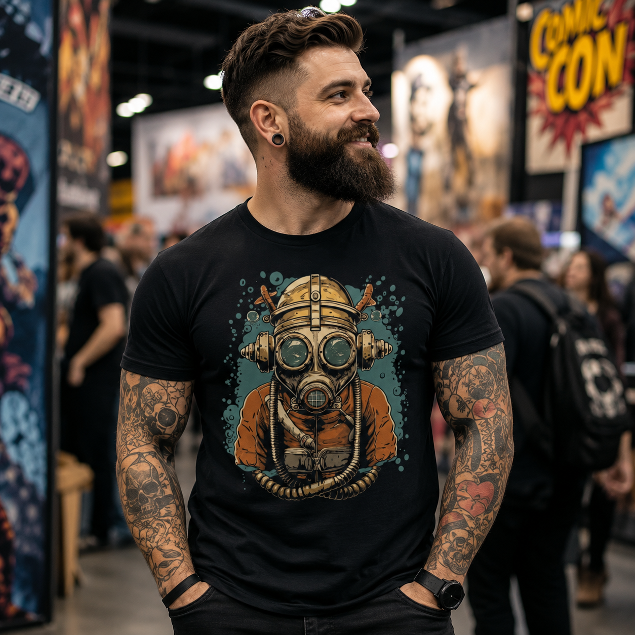 steampunk diver t-shirt, vintage diving helmet shirt, deep sea explorer tee, retro scuba graphic shirt, underwater adventure t-shirt, steampunk graphic tee, comic con outfit men, nerd style t-shirt, geek fashion men, alternative menswear, hipster graphic shirt, muscular men fashion, fantasy convention outfit, sci-fi graphic t-shirt, industrial retro design, nautical steampunk shirt, black graphic tee men, unique statement t-shirt, cosplay convention clothing, vintage ocean explorer shirt