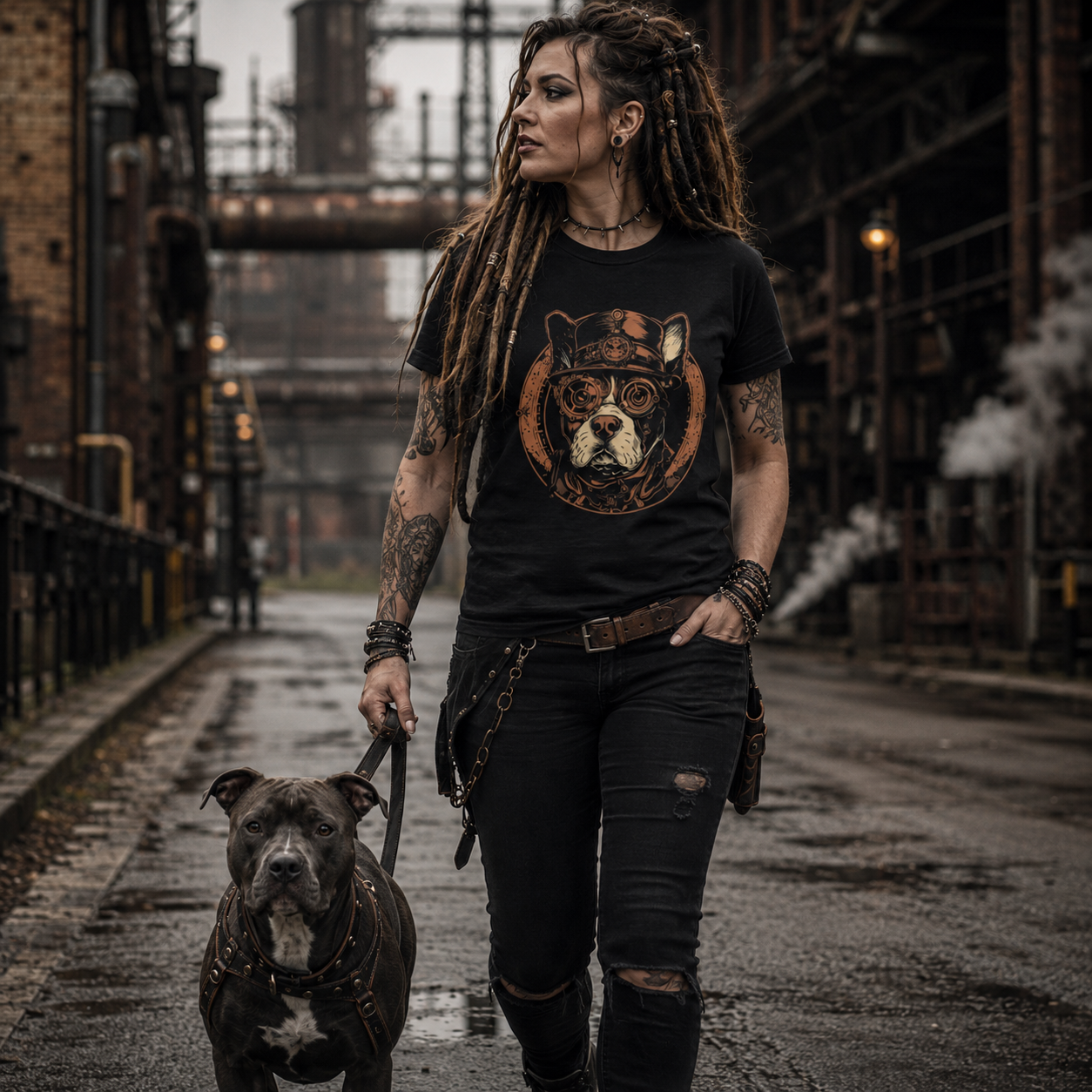 steampunk dog t-shirt, mechanical dog graphic tee, amstaff steampunk shirt, pit bull steampunk design, alternative women’s t-shirt, rockabilly steampunk fashion, gothic dog lover shirt, industrial streetwear women, clockwork dog t-shirt, vintage machinery graphic tee, alternative dog mom shirt, black graphic t-shirt women, edgy animal print shirt, steampunk pet lover gift, urban gothic fashion, copper gear dog design, dystopian dog t-shirt, rock style women’s clothing, dreadlock alternative fashion, industr